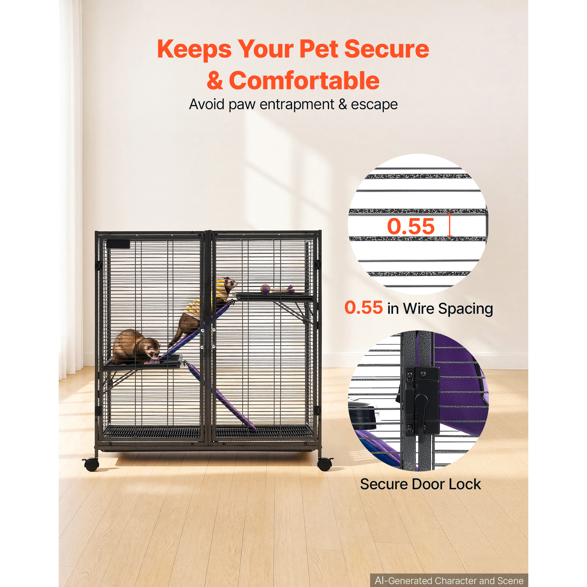Metal Small Animal Cage 37.8"H 3-Tier Rolling Ferret Cage On Wheels, 0.55" Wire Spacing Large Cages With Ramps, Platform, Tray & Doors For Ferret, Chinchilla, Sugar Glider, Guinea Pig & Rabbit — image 4