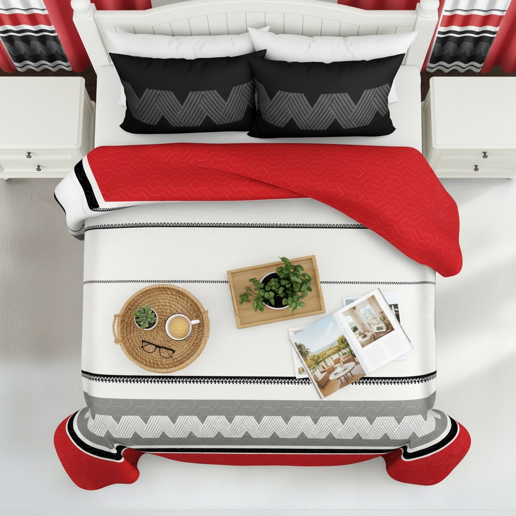 9 Piece Room In A Bag Quilt And Curtain Set, US Designer Red And Black Geometric Chevron Heavyweight Bedspread With 6 Customizable Window Panels, Pet-Friendly High GSM Coverlet — image 14