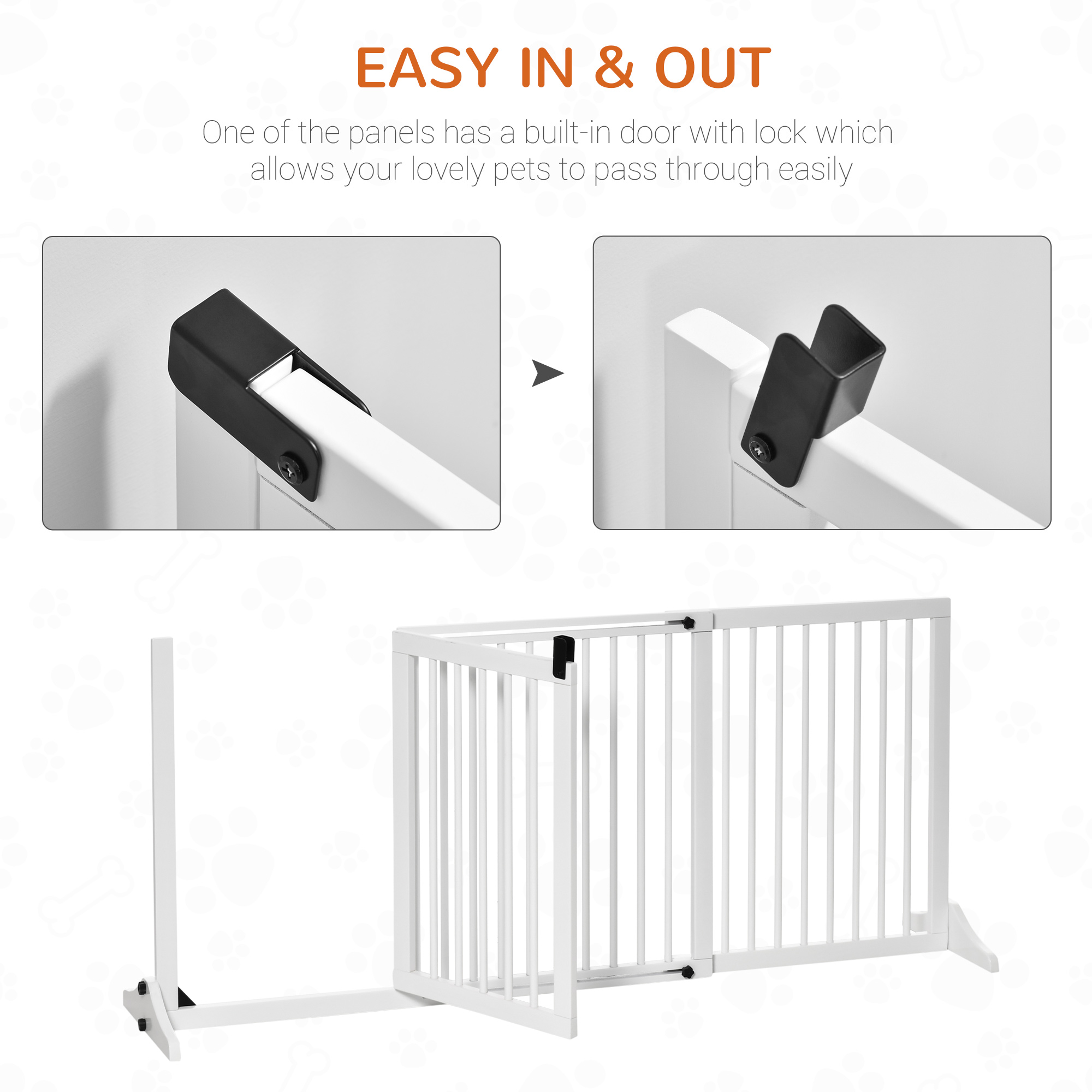 Freestanding Length Adjustable Wooden Pet Gate with Lockable Door 3 Panels, White — image 3
