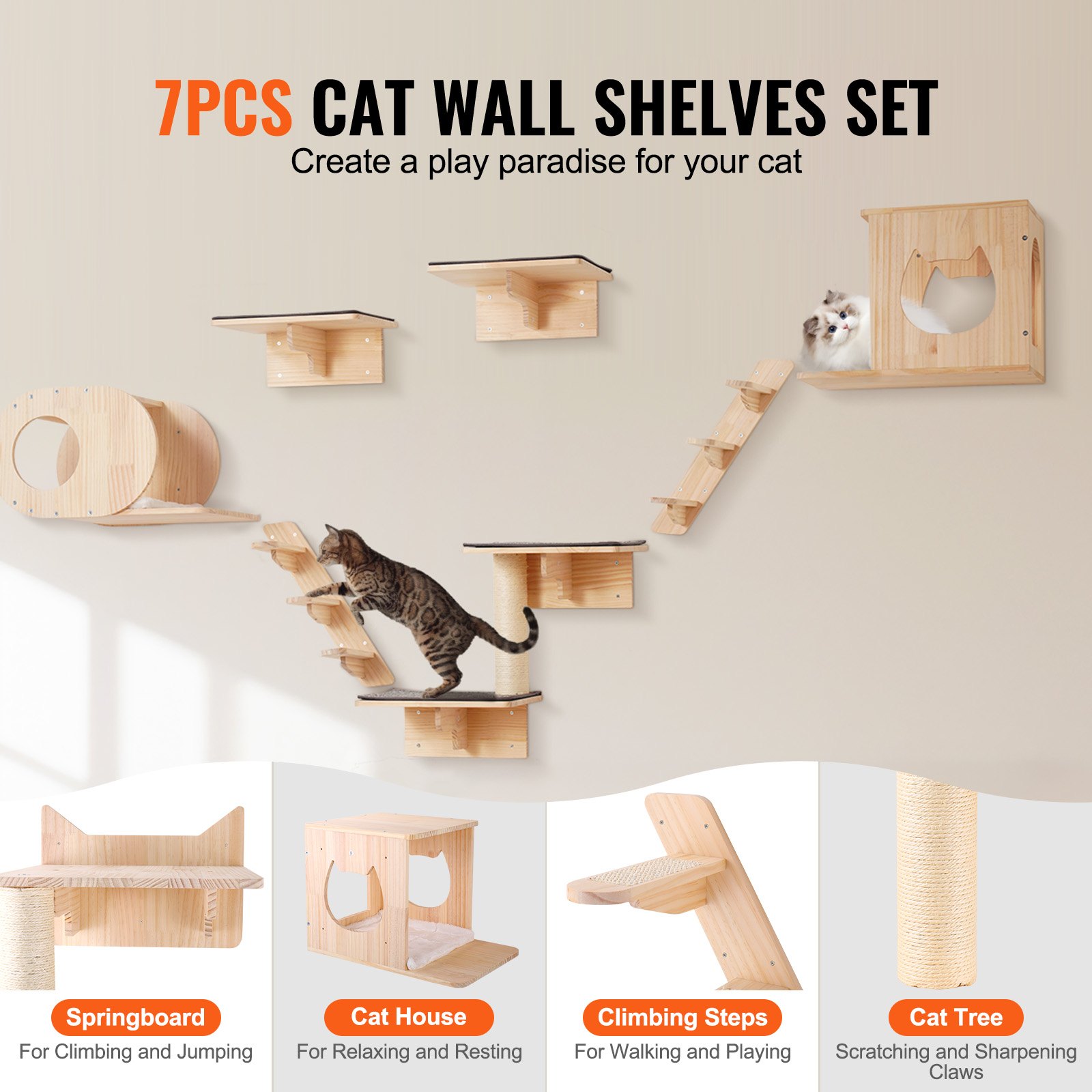 Wall Mounted Cat Shelves Tree With Jumping Boards Nests Hammock Set Of 7 — image 2