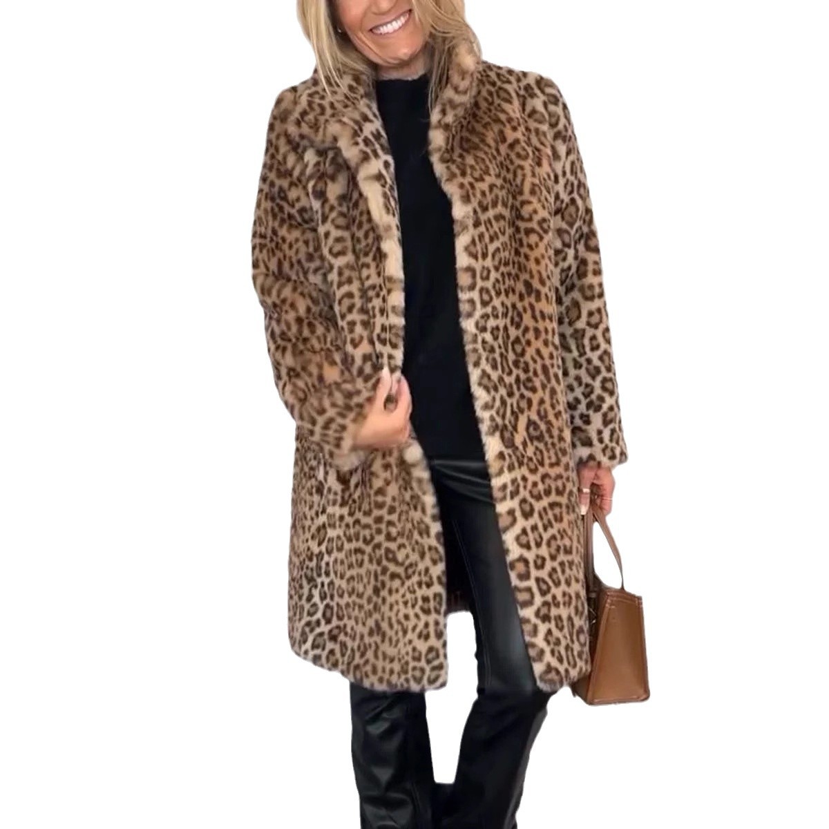 Abr Verano Capa de Piel Plush con Estampado de Leopardo de Longitud Media — imagen 9