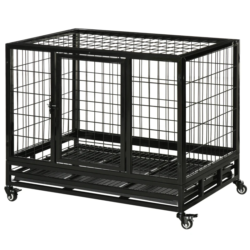 PawHut Heavy Duty Dog Crate With Removable Tray, Lockable Wheels And Double Door, For Medium And Large Dogs, Black — imagen 10