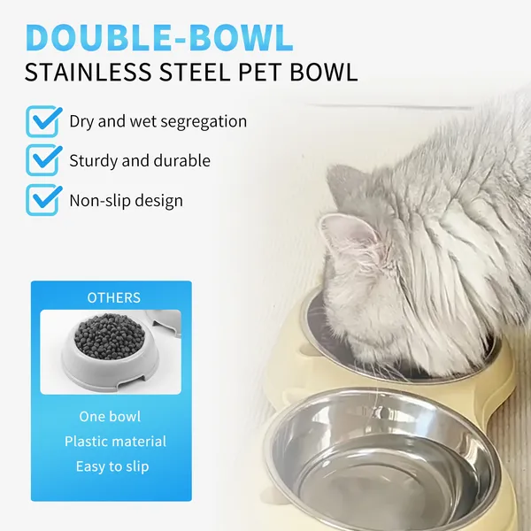 Anti Slip Base Double Cat Food Bowl, Gray Stainless Steel Food And Water Bowl, Easy To Clean And Detachable Design, Cat And Dog Pet Feeder — image 5