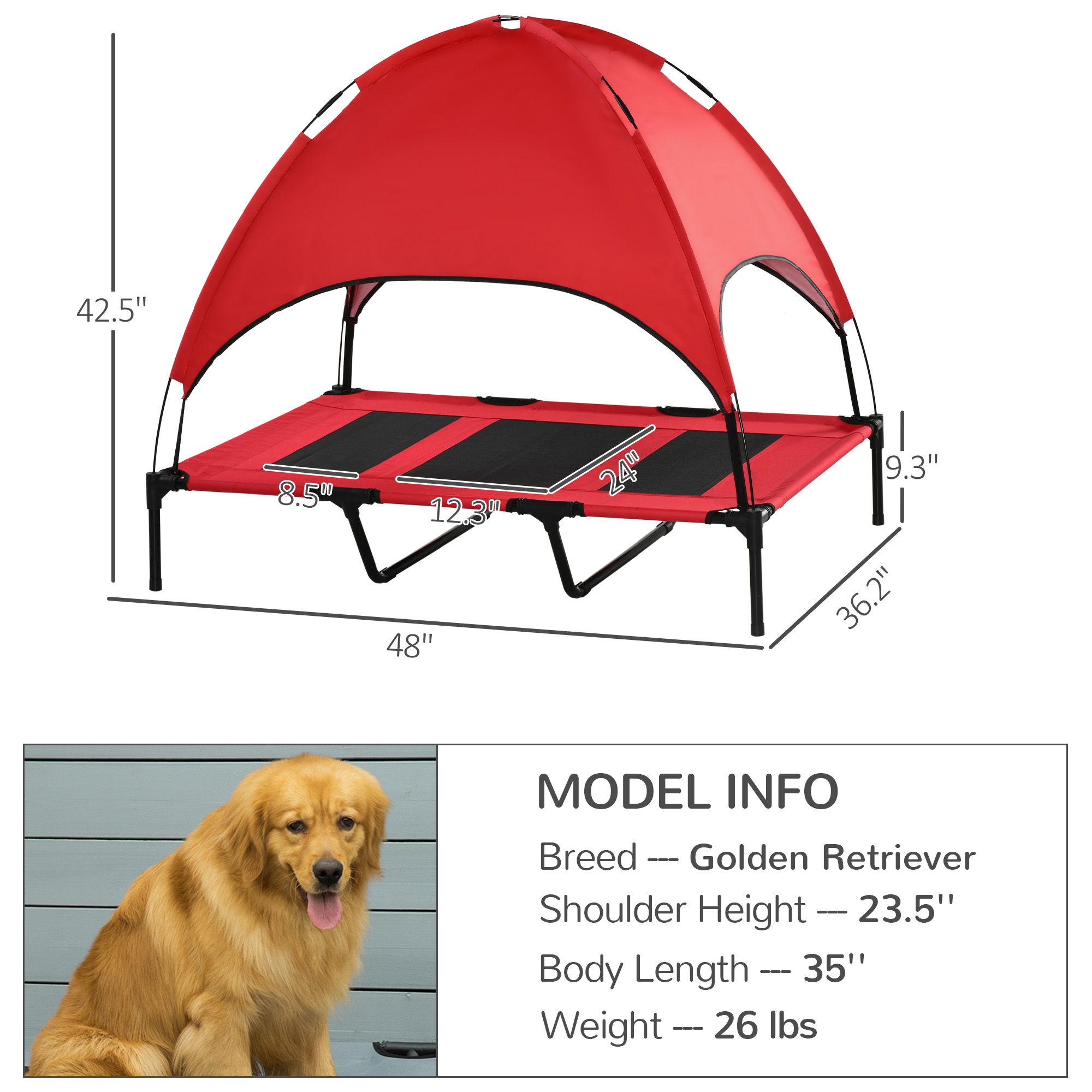 Camastro Portátil Elevado para Perro de 48" x 36" con Toldo de Protección UV, Rojo — imagen 5