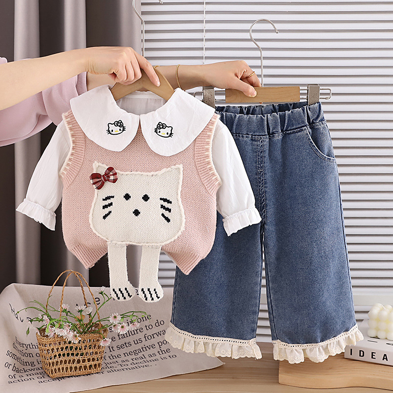 Girls Cat Pattern Sweater Vest Shirt Pants Set — image 5
