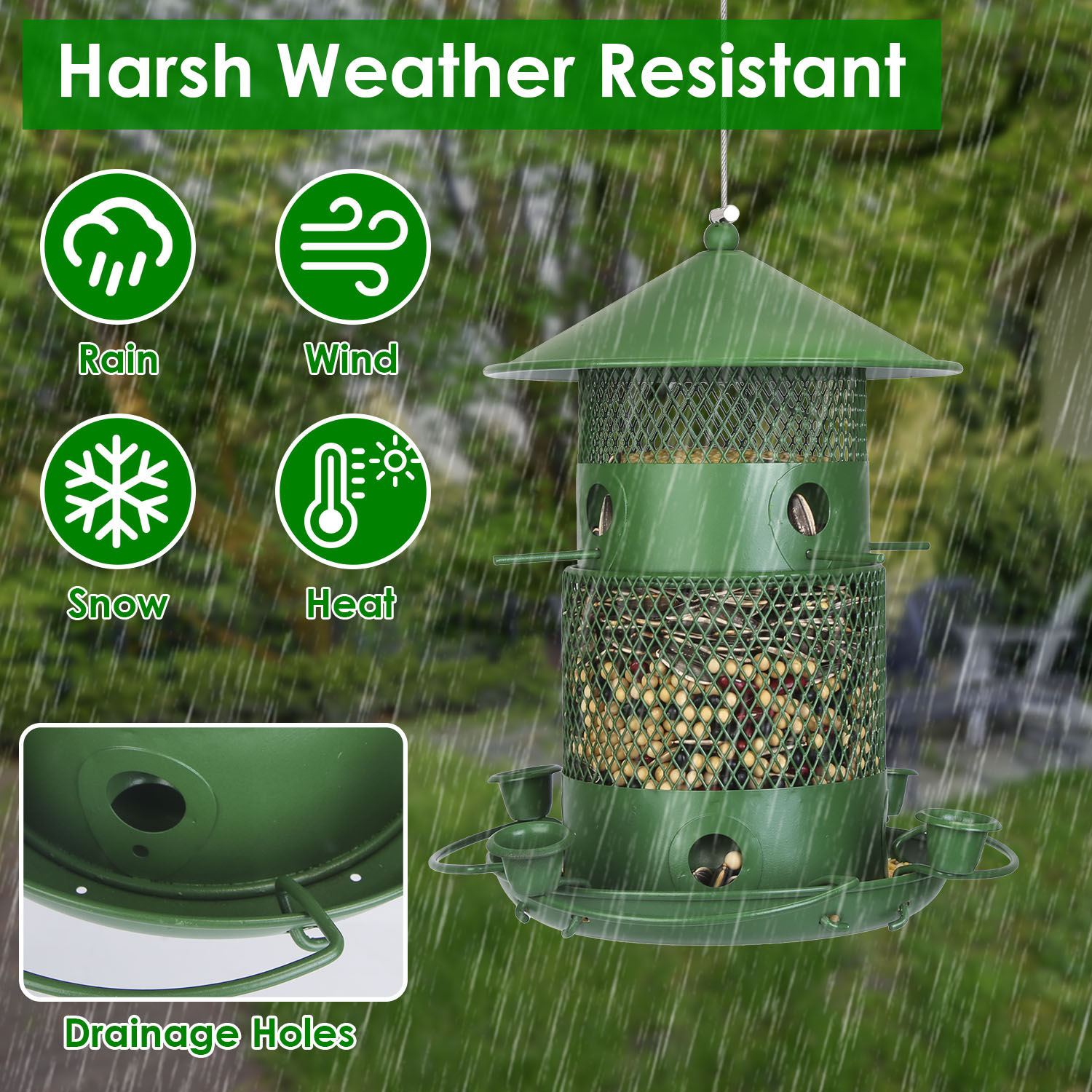 Comedor de Pájaros Silvestres Prueba de Ardillas Resistente al Mordisco Metalúrgico Comedor de Semillas para Jardín Patio Exterior con Perchas Circulares 360° Tazas de Agua para Primavera Verano — imagen 8