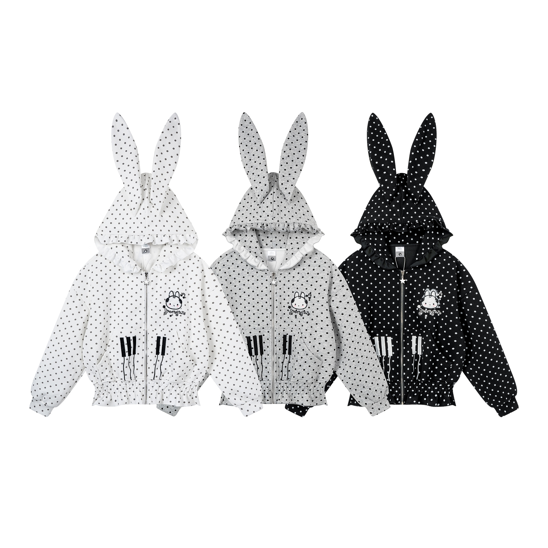 Polka Dot Rabbit Ear Hooded Crop Cardigan with Ruffle Waist and Cute Embroidery — image 5