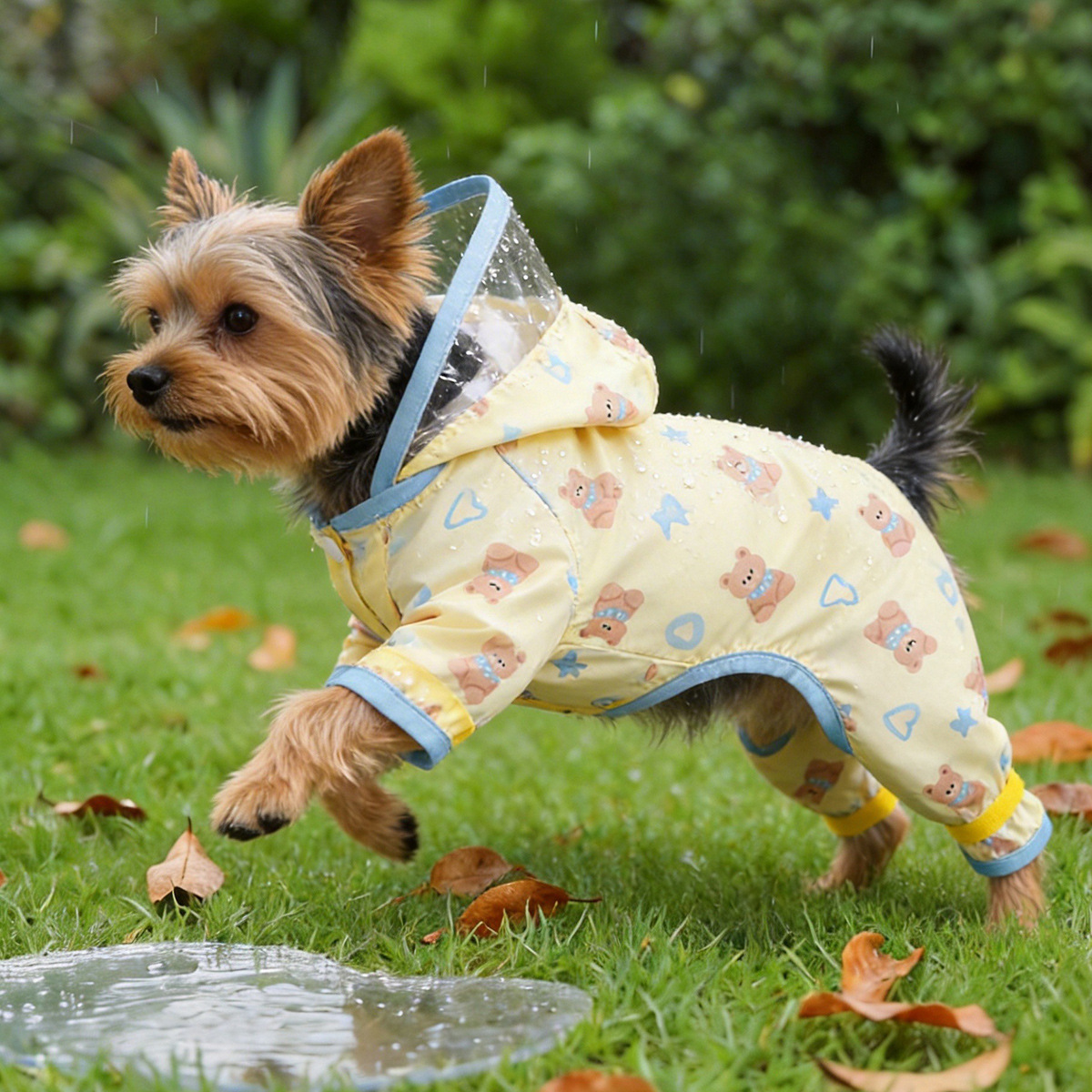 Cute Yellow and Blue Bear Pet Raincoat for Small Dogs, Four-Legged Waterproof Dog Rain Poncho — image 3