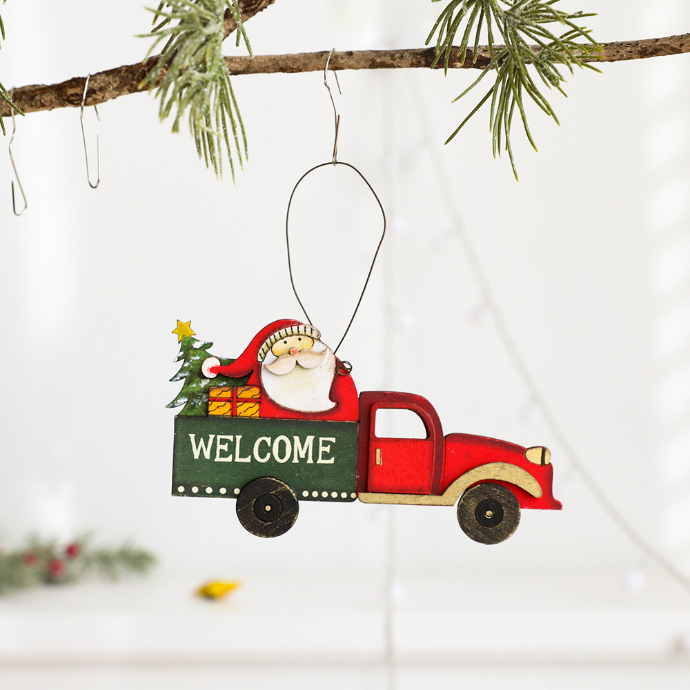Christmas wooden pendant with painted Christmas patterns reindeer cars snowmen gifts Christmas tree decorations — image 3