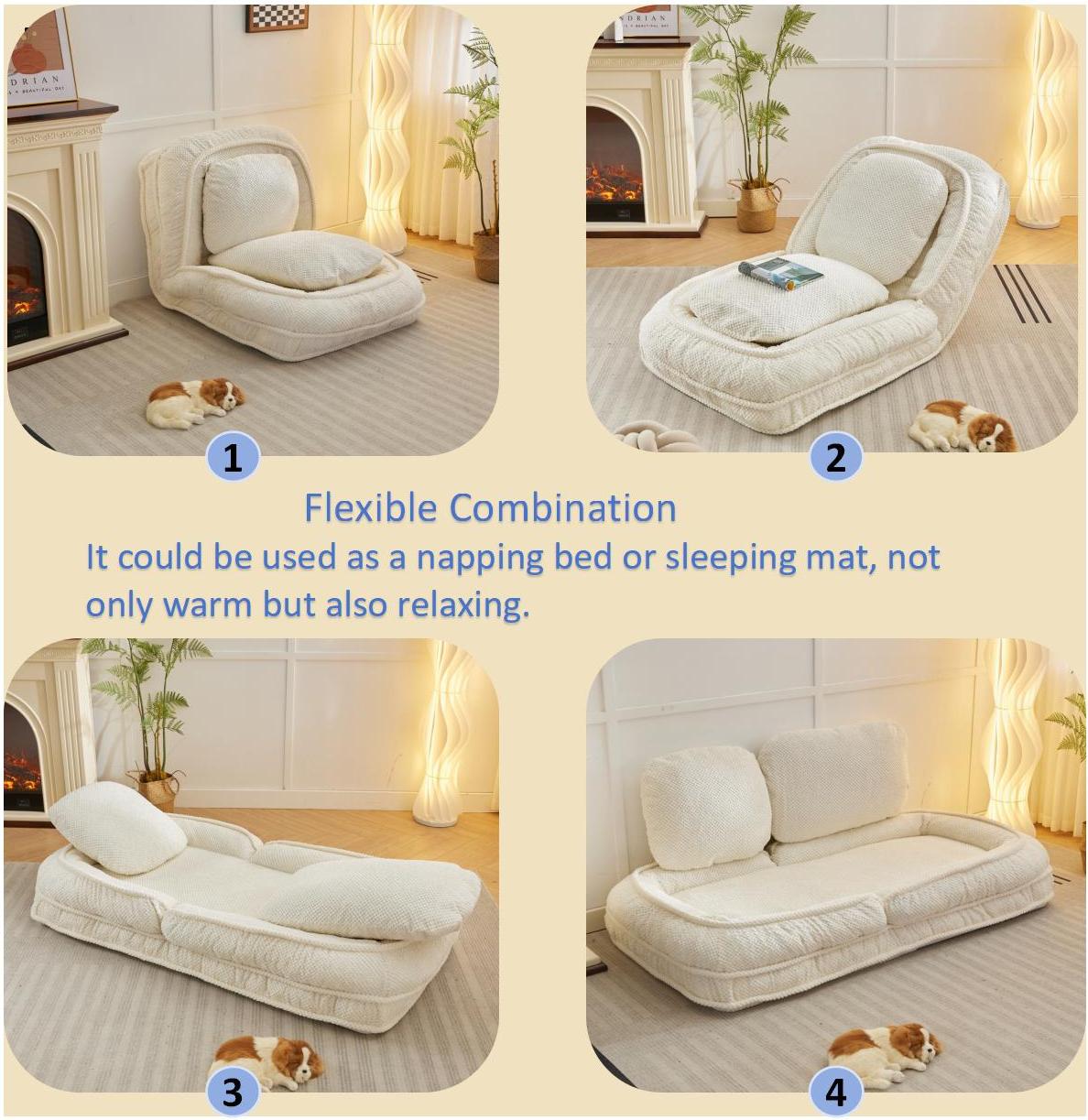 Cama para Perros Humano, Sofá Relajante, 5 Posiciones Ajustables, sentarse, dormir, plegar, ideal para sala de estar, dormitorio, Diseño Ahorrador de Espacio, Blanco — imagen 7