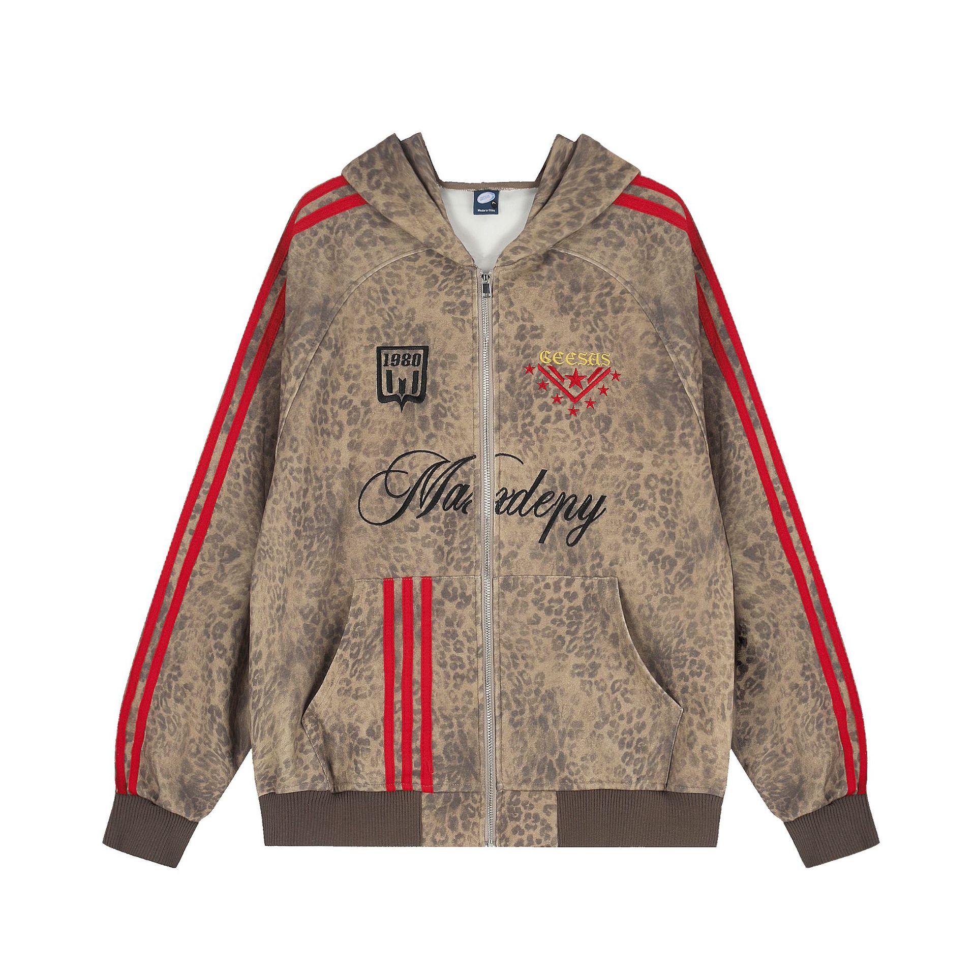 Maillard Leopard Print Hooded Zip-Up Sweatshirt, Loose Fit Top with Three Stripes Letter Embroidery — image 2