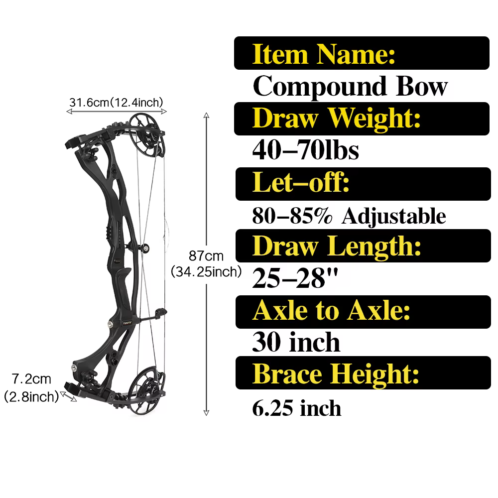 Arco Compuesto de 40-70Lbs, Velocidad de Flecha de 342fps, Arco de Poleas para Tiro con Arco, Mano Derecha, Reducción de Tensión 80-85%, Doble Leva CNC para Tiro, Caza y Blancos — imagen 2