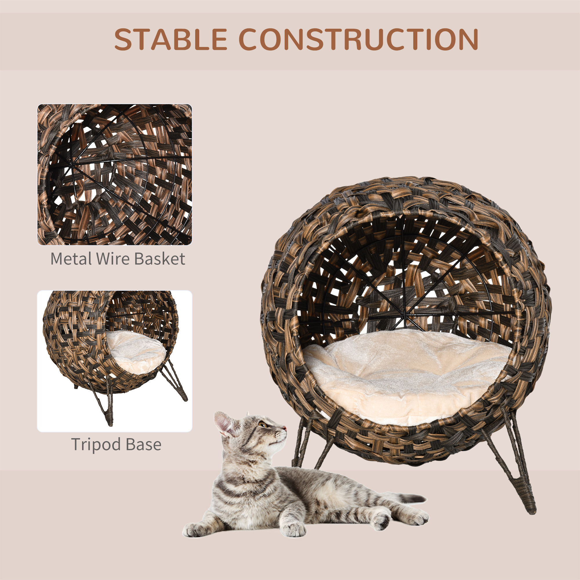 Cama para Gatos Tejida de 20.5", Casa Elevada para Gatitos Tejida a Mano con Hoja de Banano Trenzada, con Cojín, Marrón — imagen 6