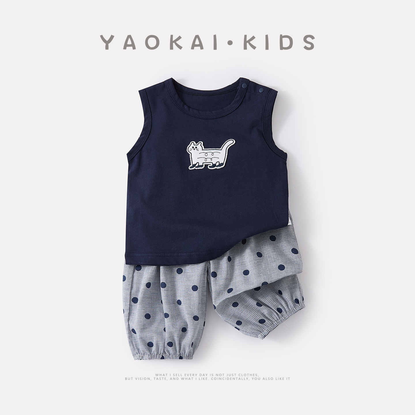 Cartoon Cat Applique Vest, Boy's Summer Lightweight Polka Dot Cool Ankle Pants Two-Piece Set — image 3