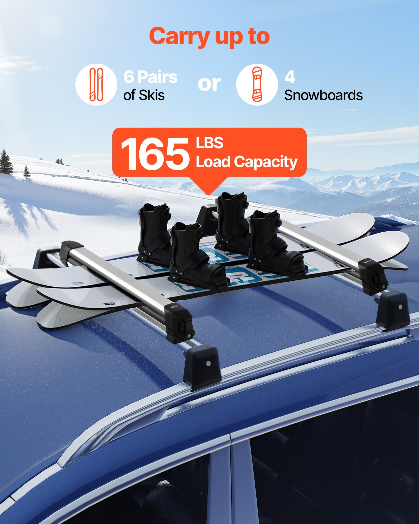 Ski & Snowboard Roof Rack, Carry Up To 6 Pairs Of Skis Or 4 Snowboards, 2 PCS Aluminum Universal Car Roof Rack Top Holder With Lock & Rubber Padding For Fishing Rod, Fit Most Slotted Crossbars — imagen 4