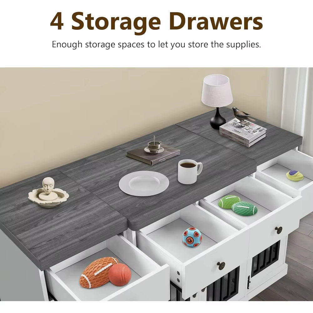 Caja para Perros Grande/Medio de Madera con 4 Cajones y 4 Puertas Con Bloqueo, Sofá para Mascotas con TV, Blanco y Gris — imagen 4