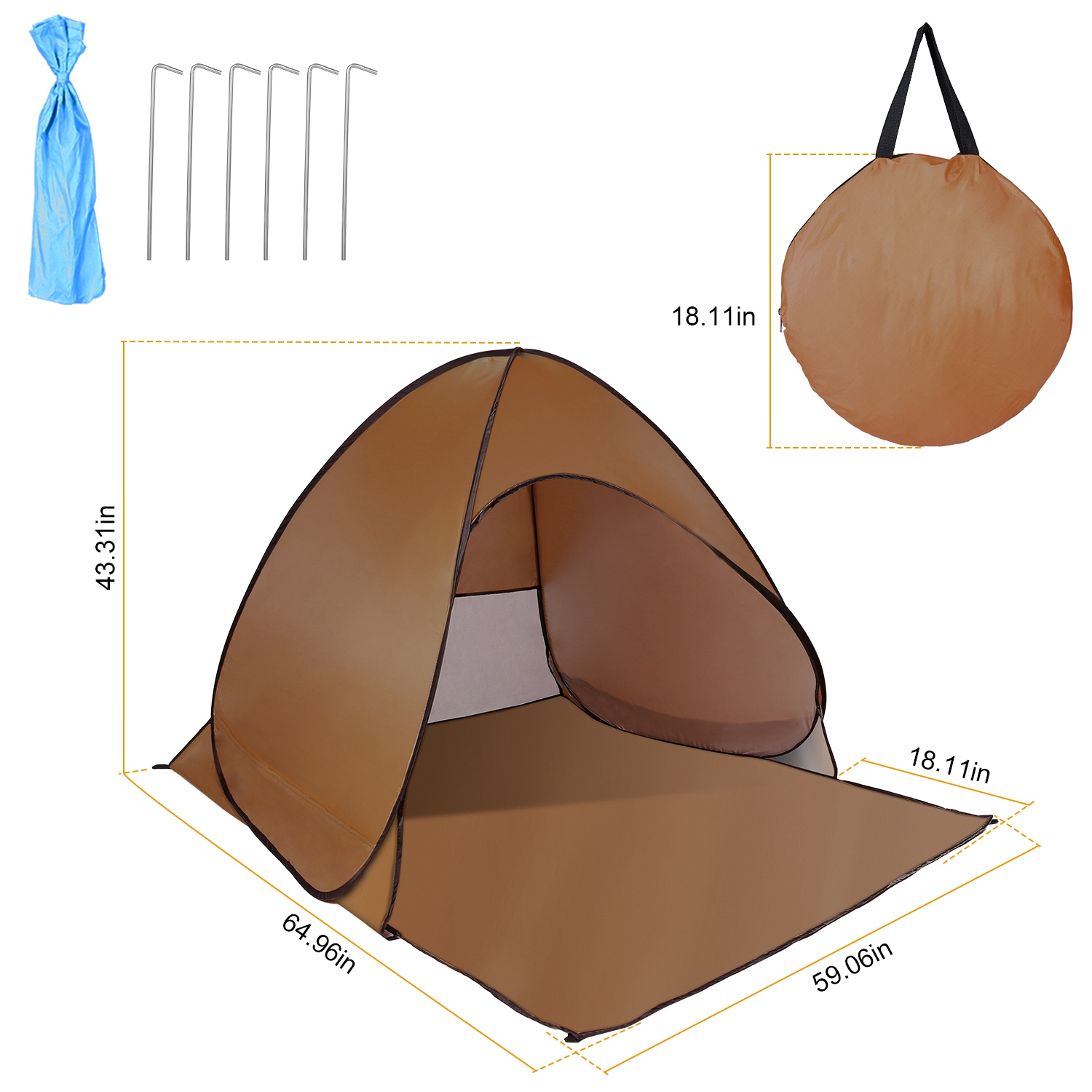 Carpa de Playa para 2-3 Personas con Ventana de Malla y Bolsa de Almacenamiento, 64.96 x 59.06 x 43.31 pulg, Anti-UV, Automática e Impermeable, para Playa, Camping, Pesca, Parque y Lago al Aire Libre — imagen 32