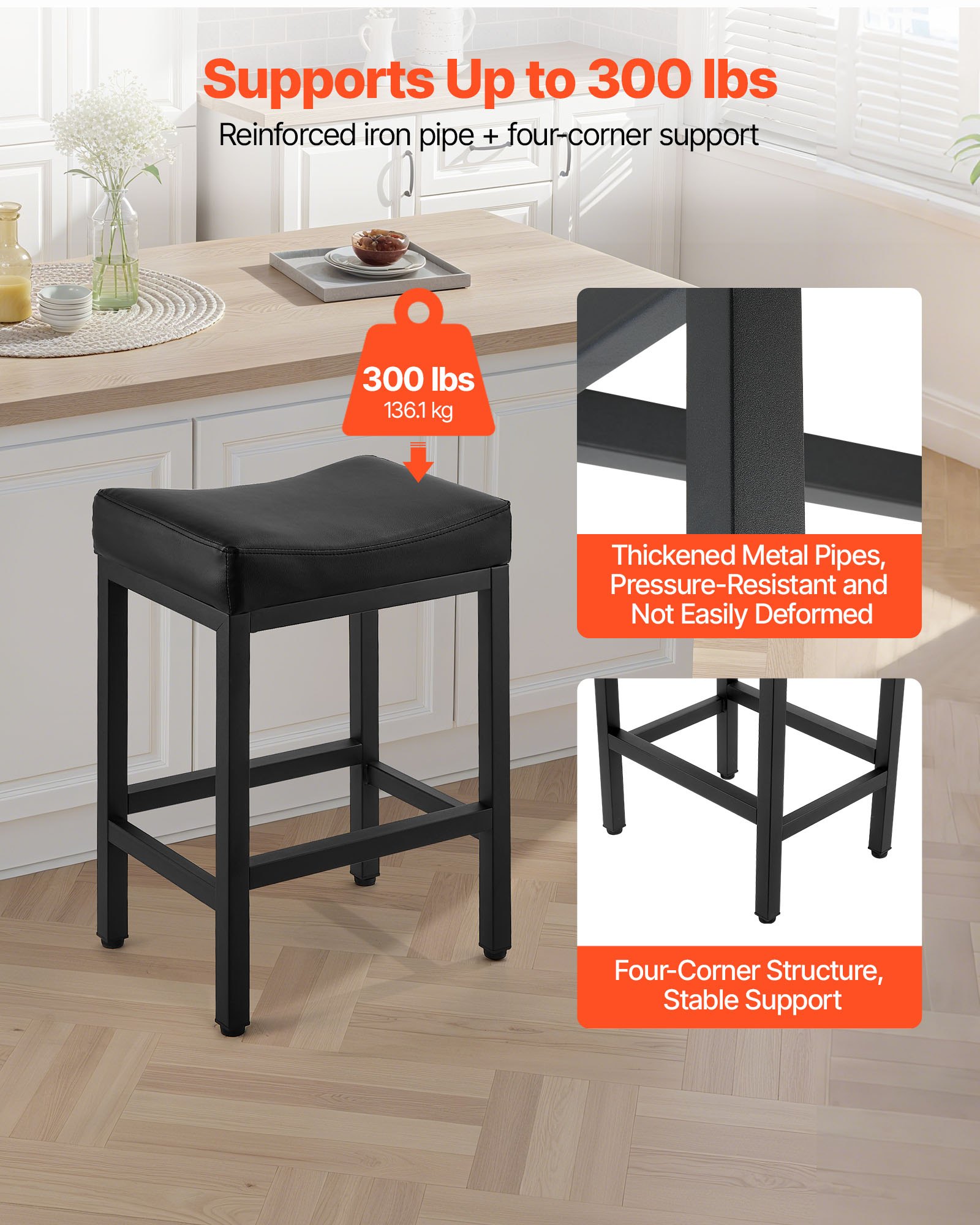 Bar Stool Set Of 2, PU Leather Counter Height Stools, 25 Inch Barstool With Saddle-Seat And Metal Legs, Easy Assembly Backless Bar Chair, Island Barstools For Kitchen, Dining Room, Cafe, Black — image 3