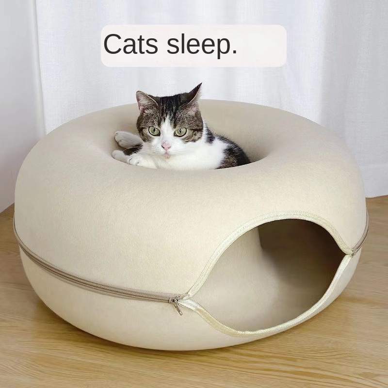Felt Donut Cat Bed with Zipper Cat Tunnel and Cat Toy Double-Layer Pet Bed for Cats — image 5