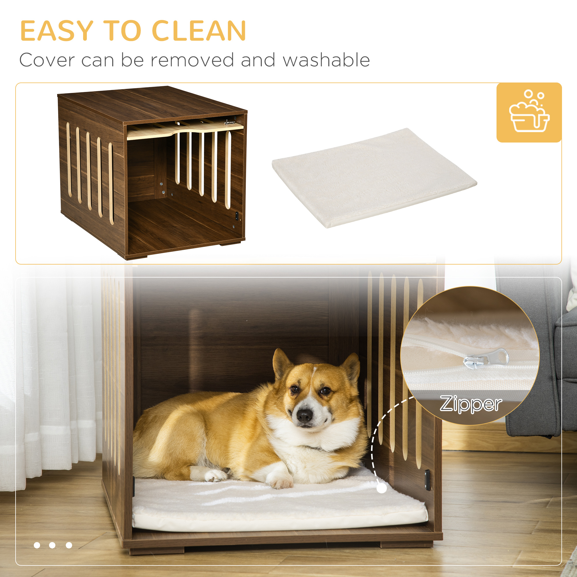 Caja para Perros de Estilo de Mueble con Panel de Puerta Removible, Cama para Perros con Almohada de Espuma y Suporte de Seguridad, Uso Interior, para Perros Pequeños y Medianos, Marrón — imagen 2