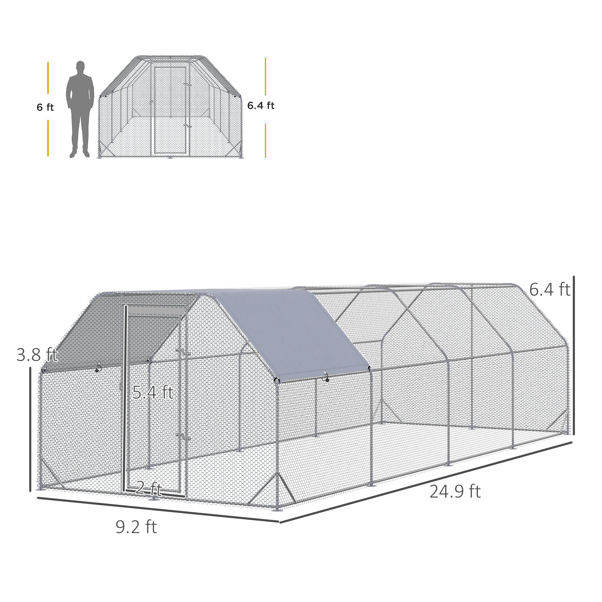 Large Chicken Coop Metal Chicken Run with Waterproof and Anti-UV Cover, Flat Shaped Walk in Fence Cage Hen House for Outdoor and Yard Farm Use, 1" Tube Diameter, 9.2 x 24.9 x 6.4 — imagen 6