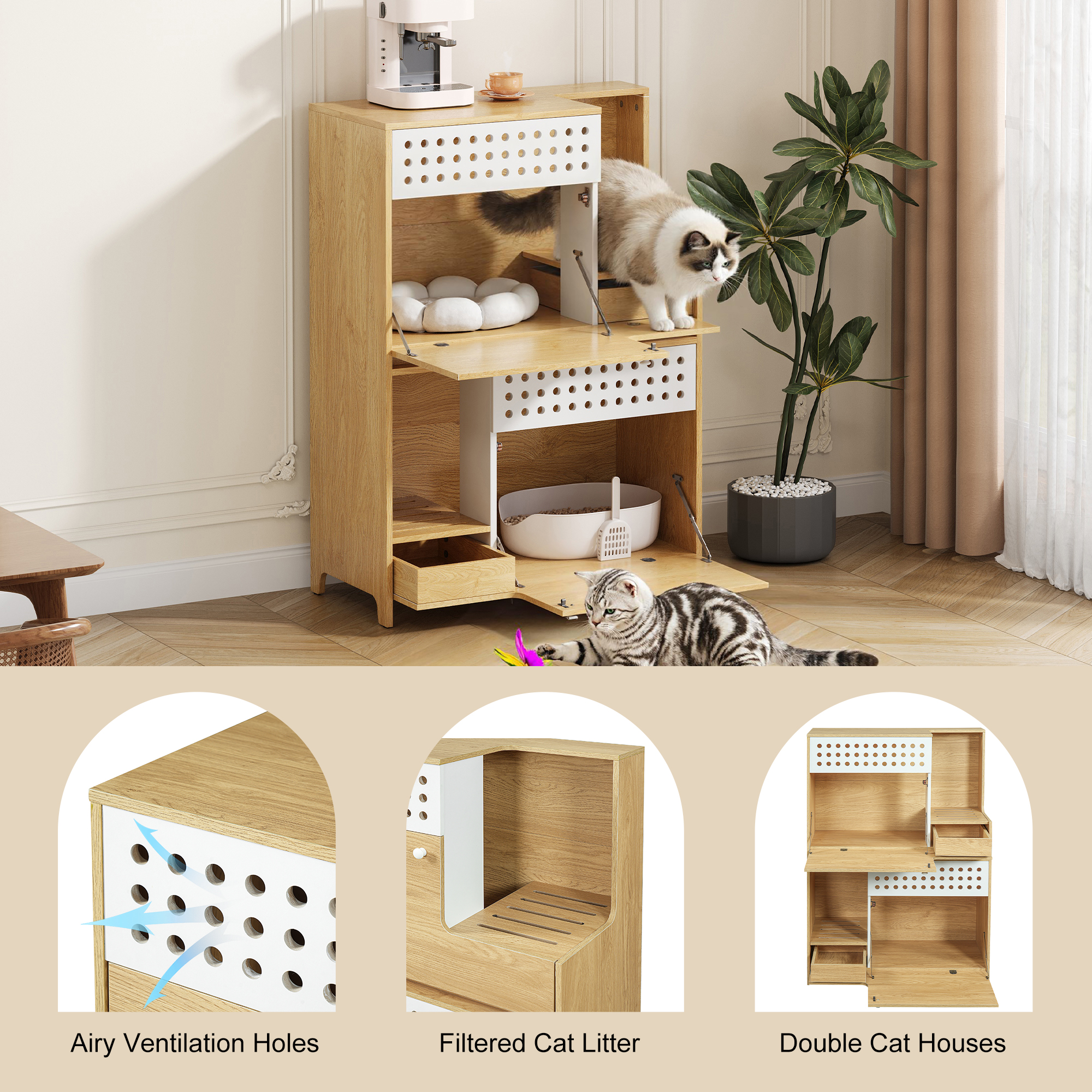 2-Piece Modern 2 IN 1 Cat Furniture Set, Cat Litter Box Enclosure Side Table, Cat House With Storage, For 2 Small-Medium Sized Cats - NATURAL — imagen 5