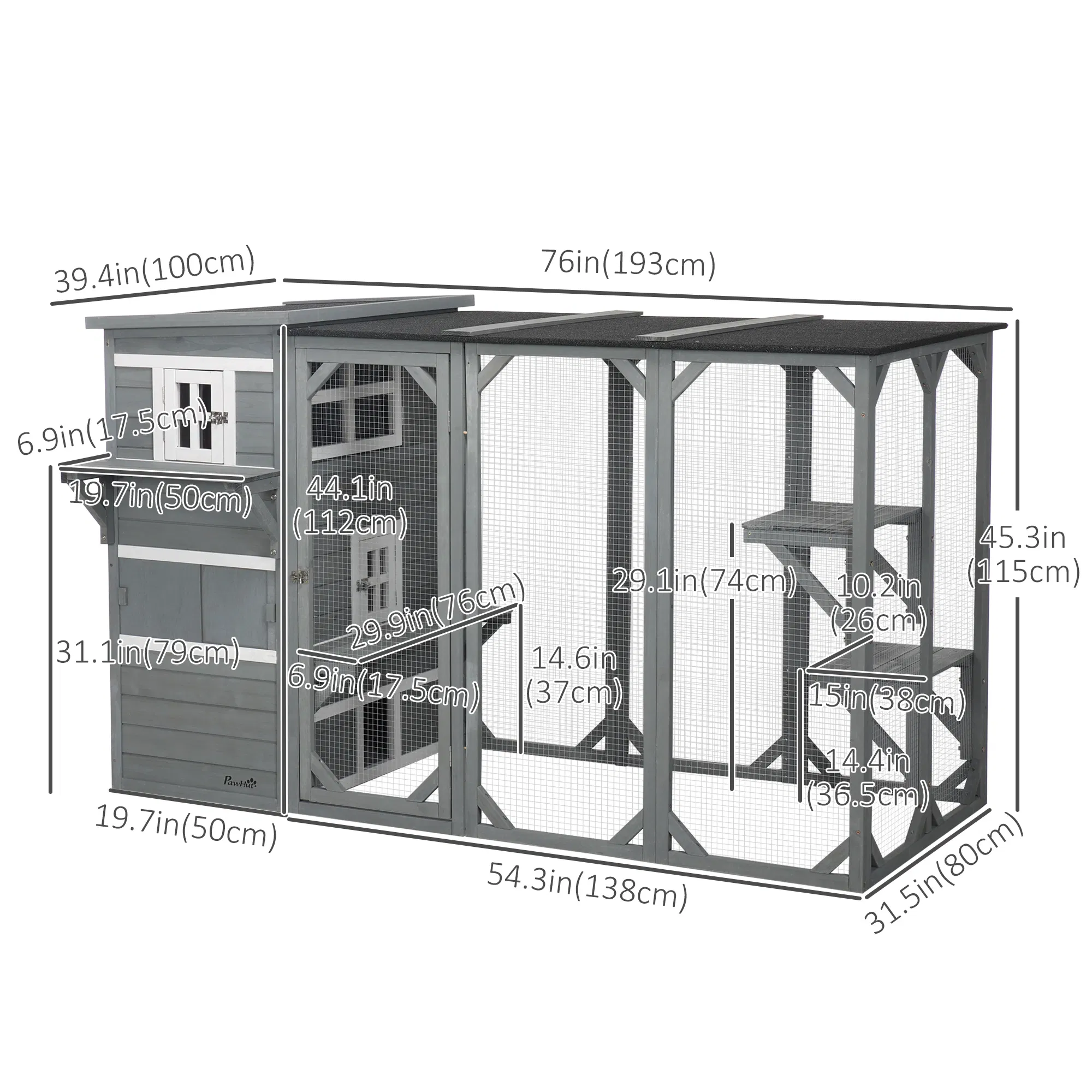 Wooden Cat Catio, 76"L Walk in Outdoor Cat House with Asphalt Roof, Platforms, Lockable Doors, 3-tier Resting Condo, Observation Window, for 2-3 Cats, Light Grey — image 2
