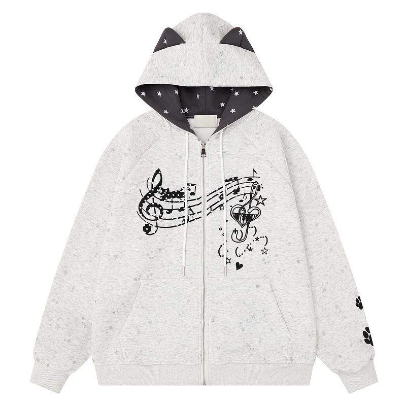 Light gray star cat ear hooded cardigan sweatshirt — image 2