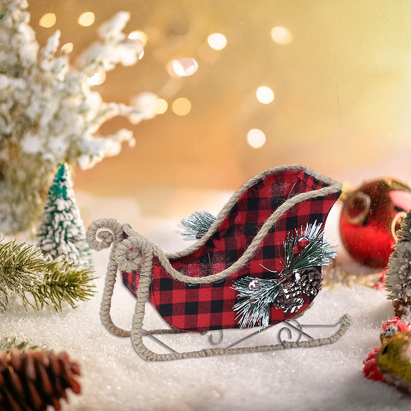 Christmas Decorative Iron Art Christmas Tree Branches Red and Black Plaid Fabric Decoration Reindeer Pulling Carriage Ornament — image 3
