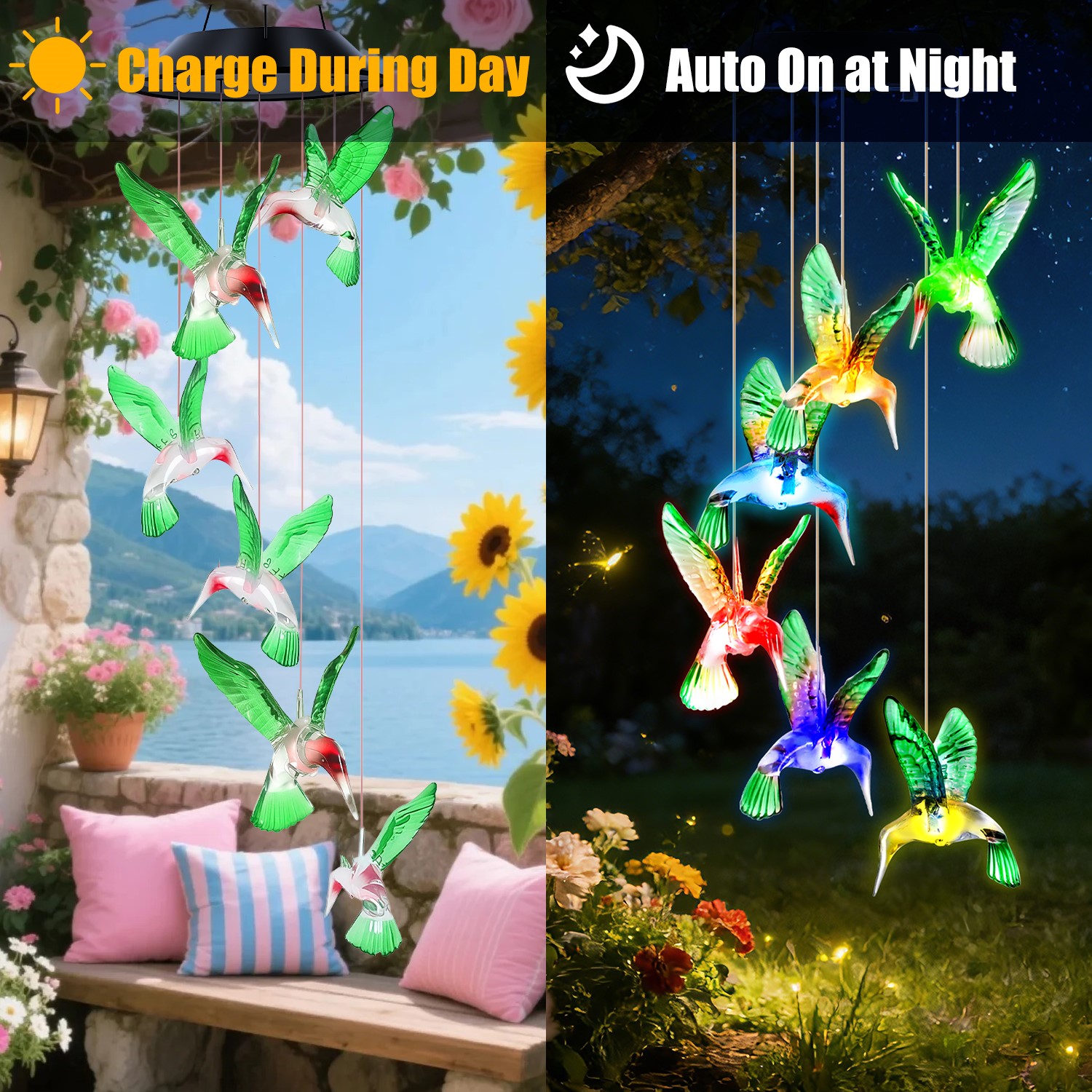 2 Piezas de Carrillón de Viento Solar de Colibrí, Cambia de Color en 7 Tonos, para Exteriores, Resistente al Agua IPX4, Decoración de Jardín y Patio — imagen 5