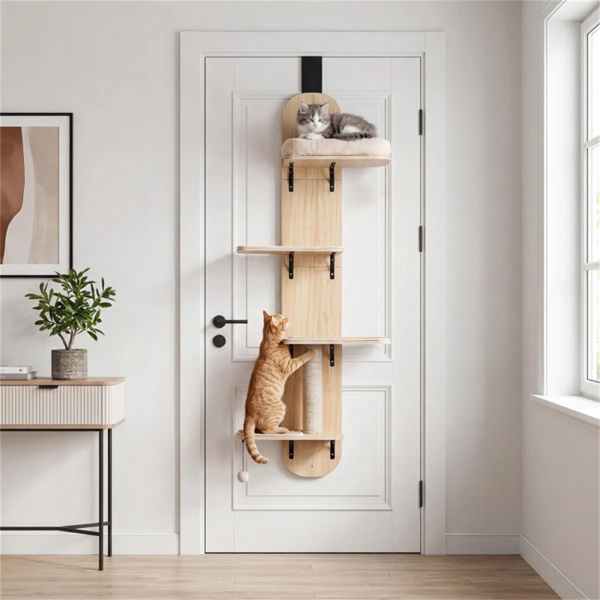Door Hanging Cat Tree 5-Level Height Adjustable 4-Tier Climber No-Drill for Apartment Beige — image 7