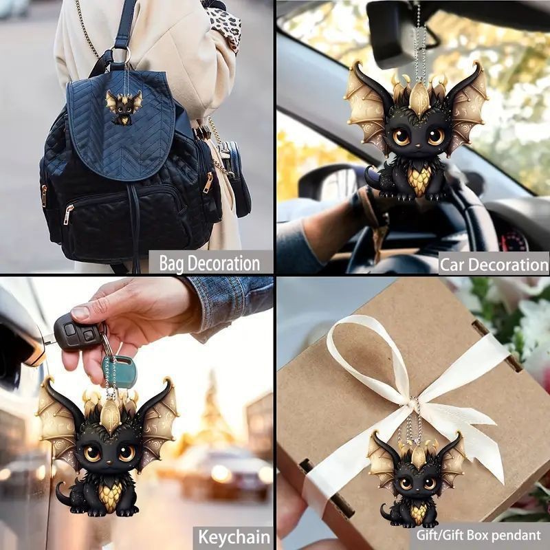 Nuevo Adorno Colgante de Dragón Negro Plano de Acrílico para Mochila y Espejo Retrovisor — imagen 4