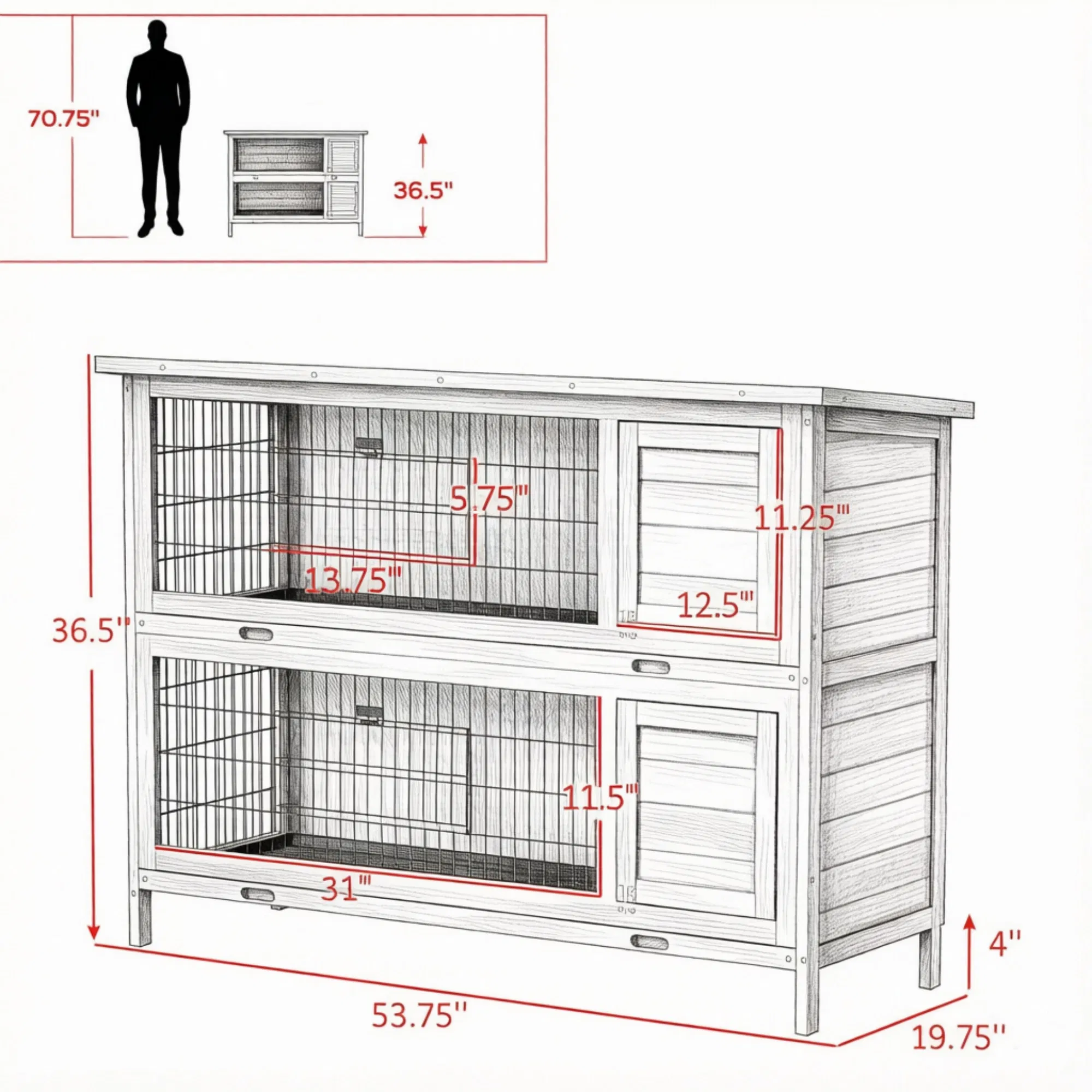 54" 2-Story Large Rabbit Hutch, Bunny Cage, Wooden Pet House, Small Animal Habitat, Gray with Lockable Doors, Tray, Roof — image 5