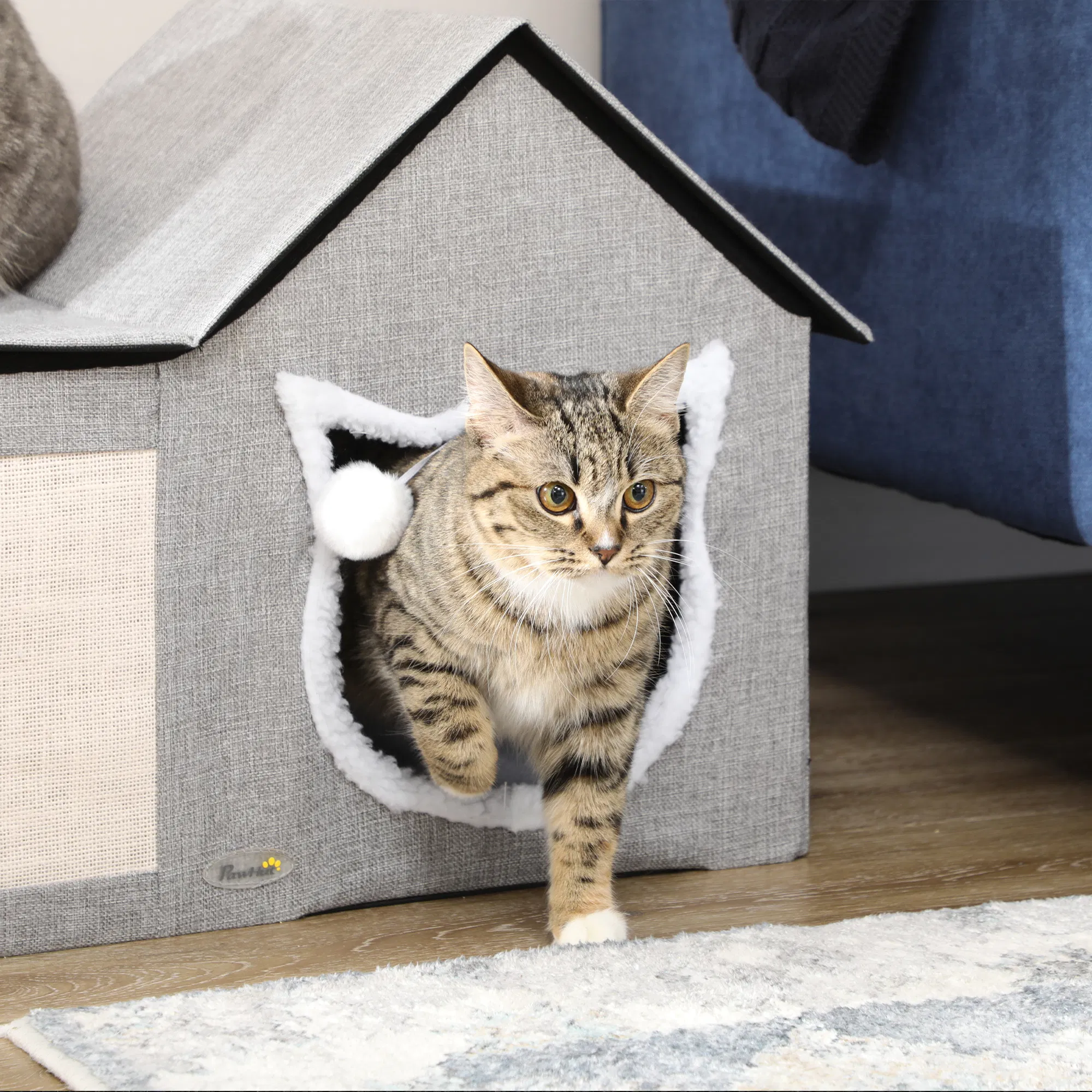 Large Cat Bed for Indoor, Cat House Hideaway with Soft Cushion, Scratching Pad, Dangling Ball, Dual Entrances, Grey — image 3