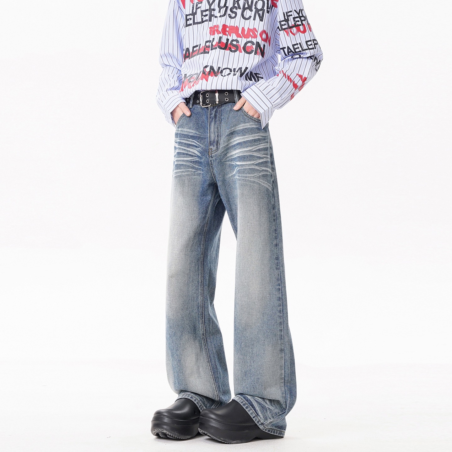 Retro Cat Paw Print Washed Knife-Edge Denim Pants — image 1