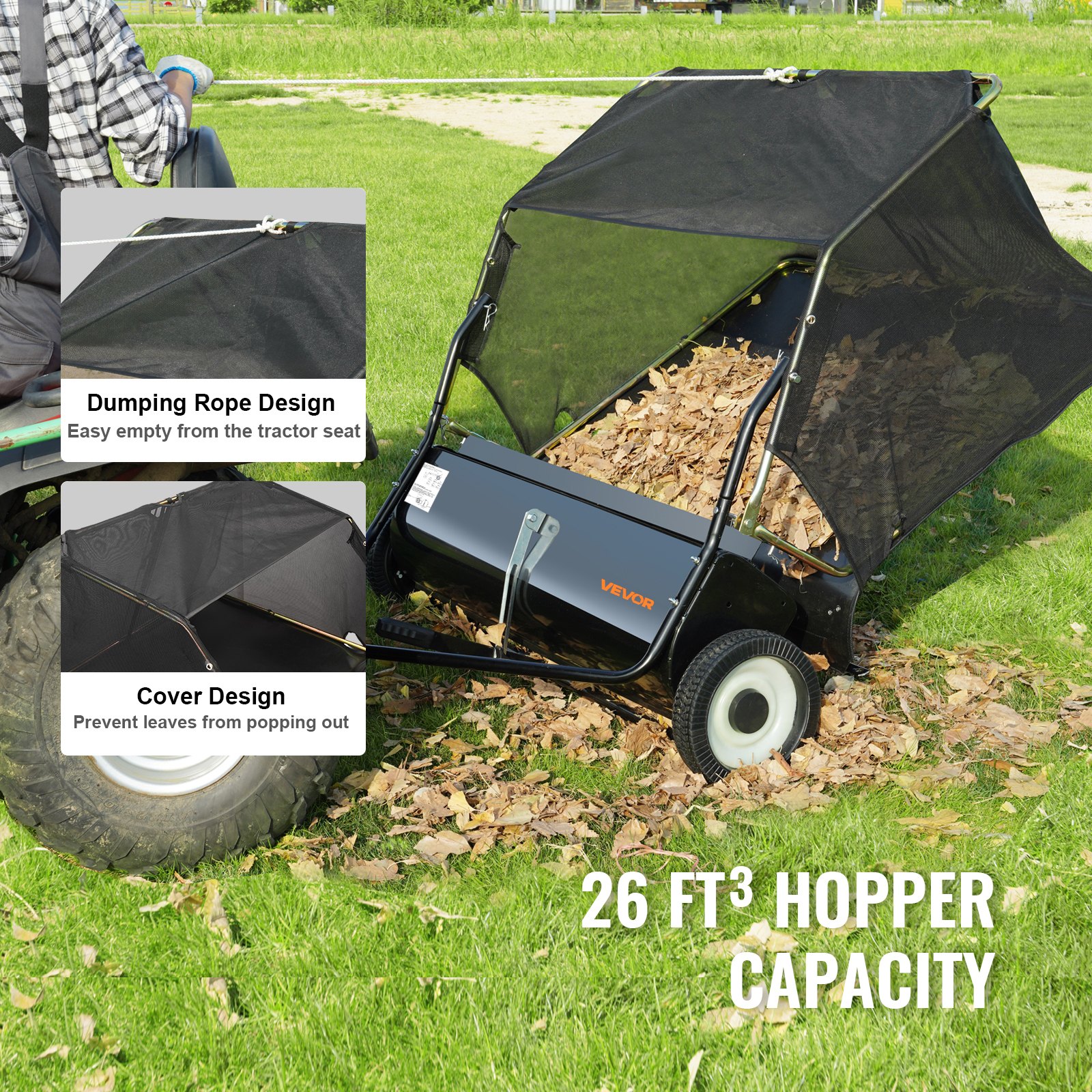 Soplador de Cepillo para Tracción: 50" Pulido detrás del césped con capacidad de 26 pies cúbicos para recolección de hojas y hierba, cepillo pesado de jardín ajustable para altura de barrido ideal para campos, granjas y jardines — imagen 5