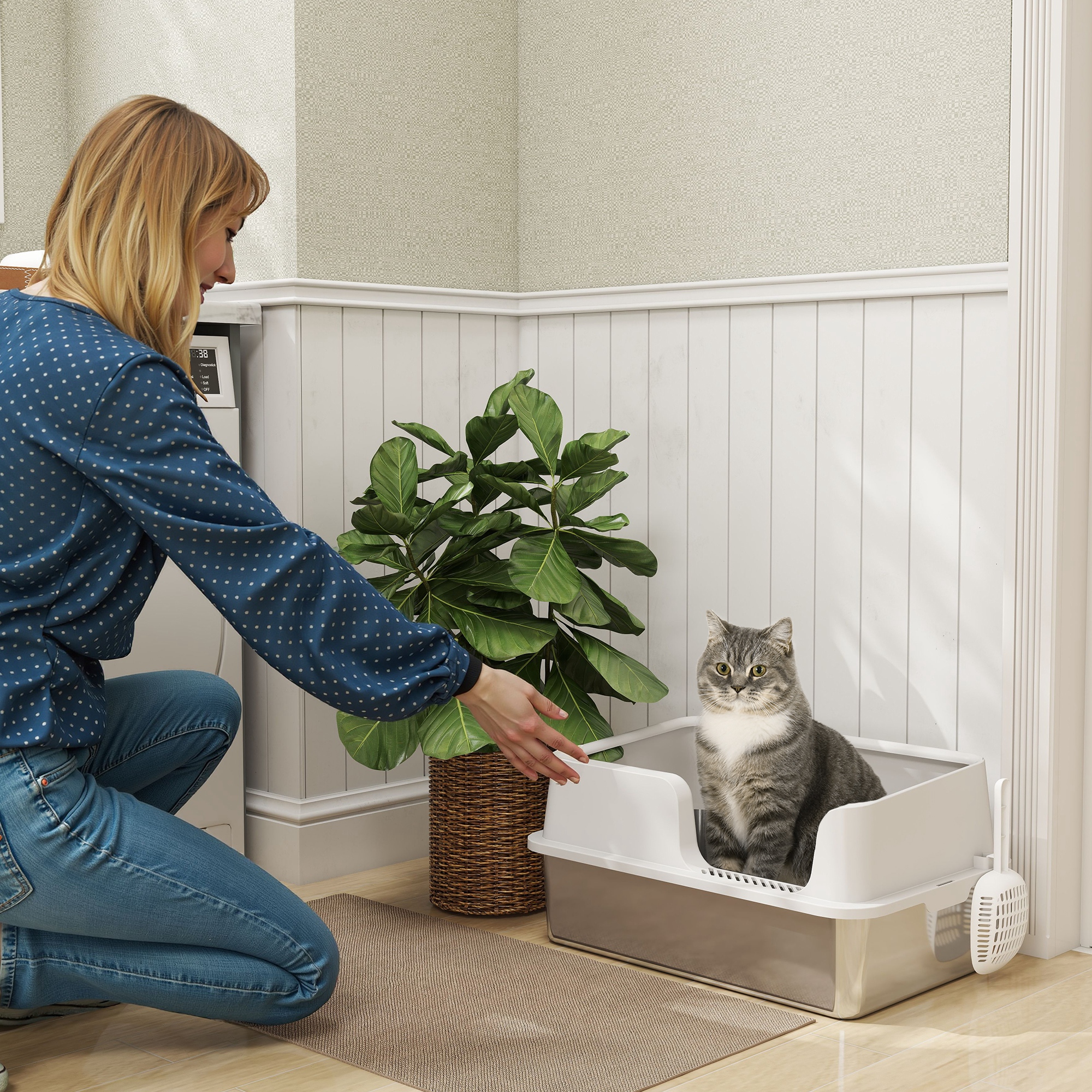 Caja de Arena de Acero Inoxidable con Alto Costado, Cuchara, Limpieza Fácil y Prevención de Pérdidas de Orina, para Gatos Grandes, Gris Claro — imagen 3
