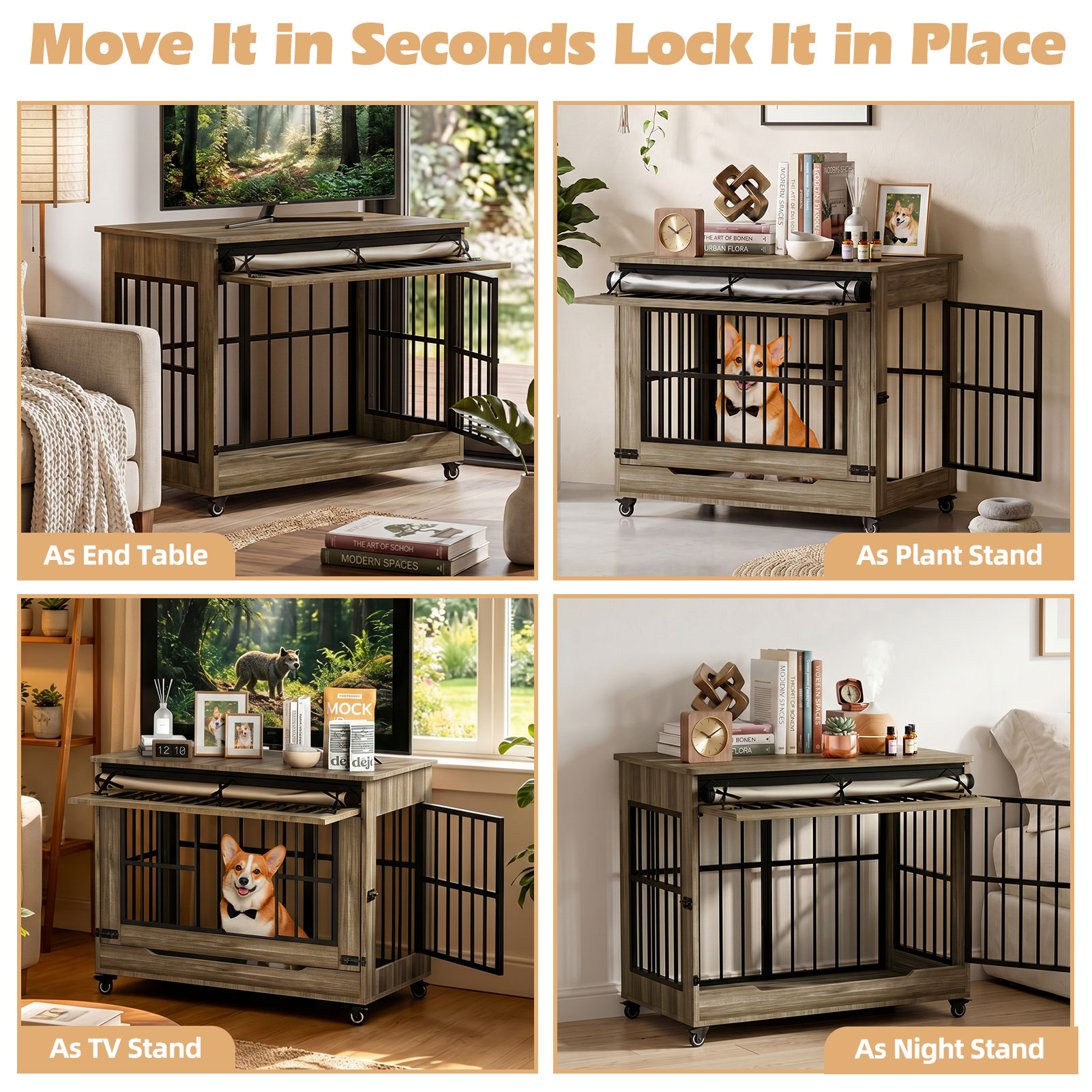 Dog Crate Furniture, Double Door Wooden Indoor Dog Kennel Furniture, Decorative Pet Cage End Table With Wheels For Large And Medium Breed Dogs, Size L, Greige — image 25