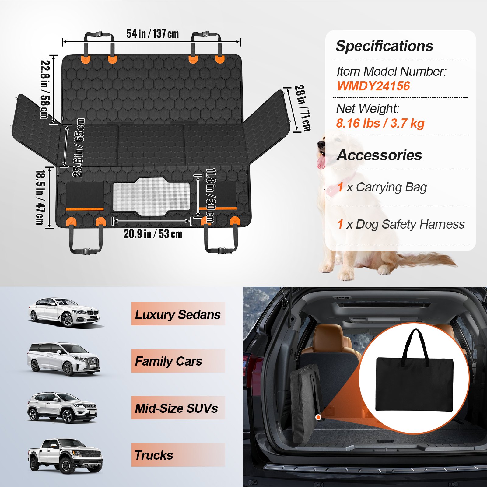 Cubierta para asiento trasero de auto VEVOR 54 x 25,6 pulgadas impermeable 600D para perros — imagen 2