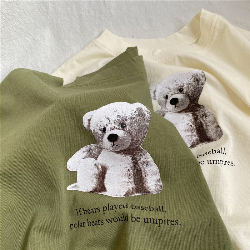 Round neck cartoon teddy bear printed short sleeved T-shirt — image 5