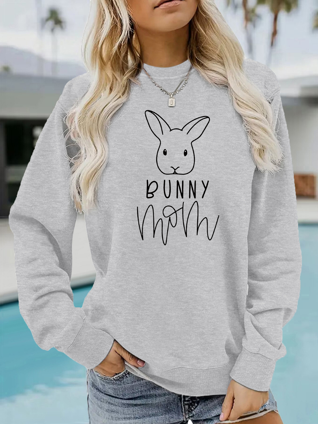 Rabbit and letter printed round neck fleece hoodie — image 11
