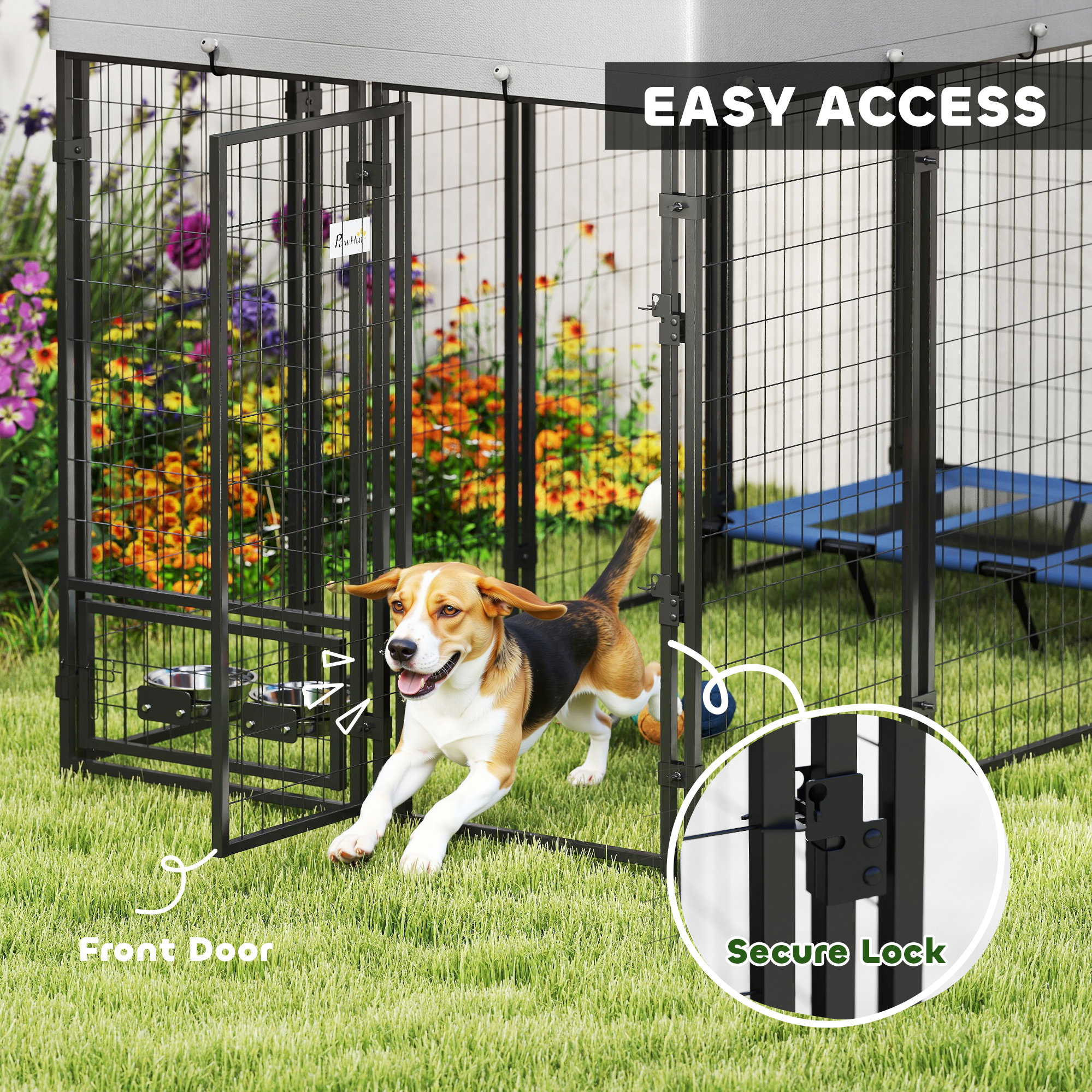 Caseta para Perros de Exterior 8 x 4 x 6, Corral Exterior para Perros con Comederos Giratorios 360°, Funda Impermeable y Resistente a los Rayos UV — imagen 3