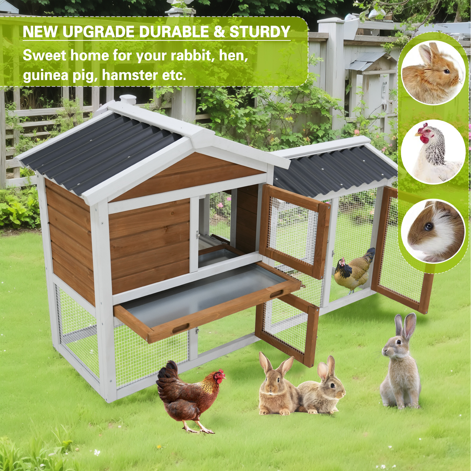 58 Wooden Outdoor Indoor Roof Waterproof Bunny Hutch Rabbit Cage Guinea Pig Coop PET House For Small To Medium Animals With Stairs And Cleaning Tray — image 4