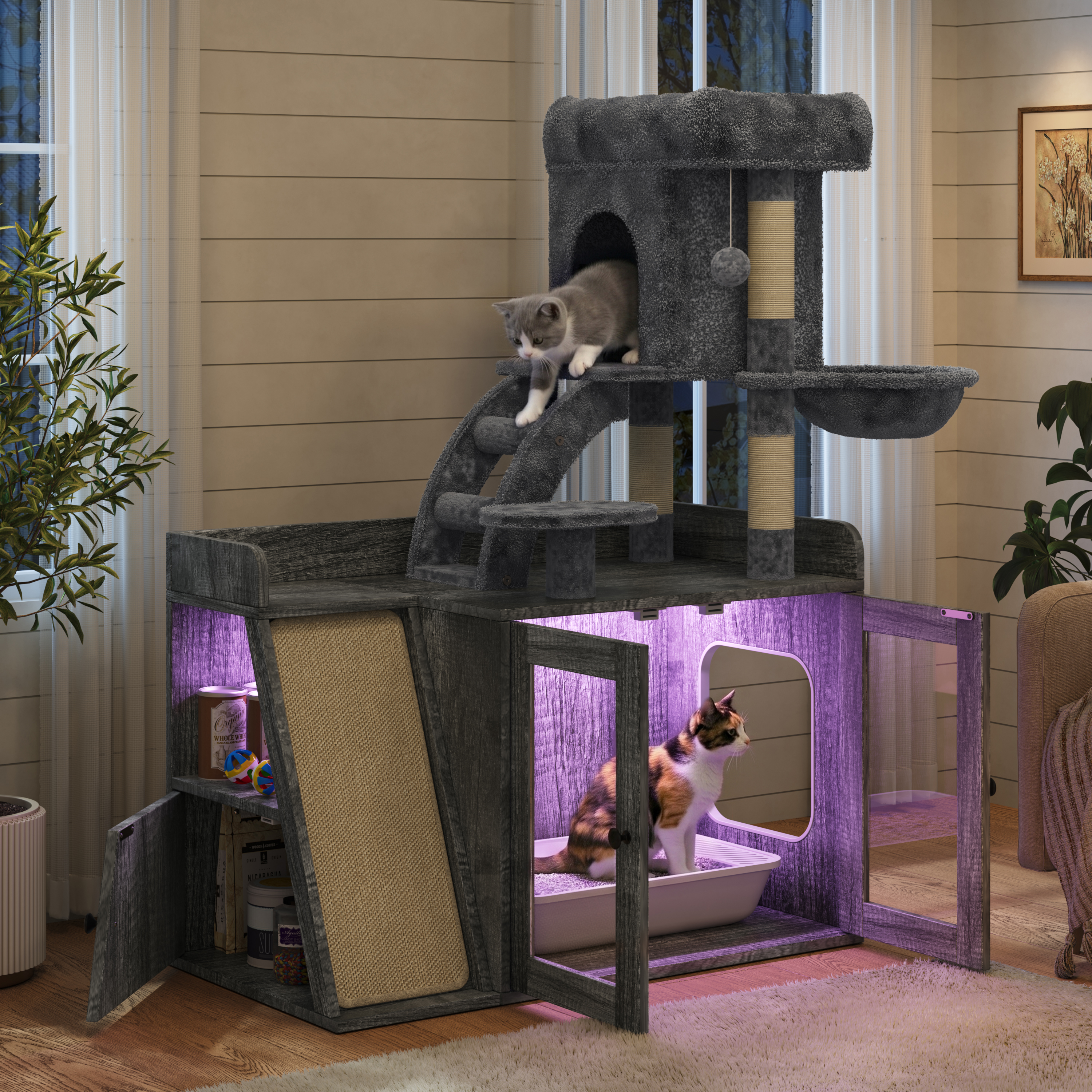 Caja de Arena Encerrada con Árbol para Gatos, Arena Oculta con LED, Tablero de Escarificado de Sisal y Espacio de Almacenamiento, Mueble Modular de Caja de Arena con Condominio y Plataforma, Torre Completa para Gatos, Gris — imagen 3