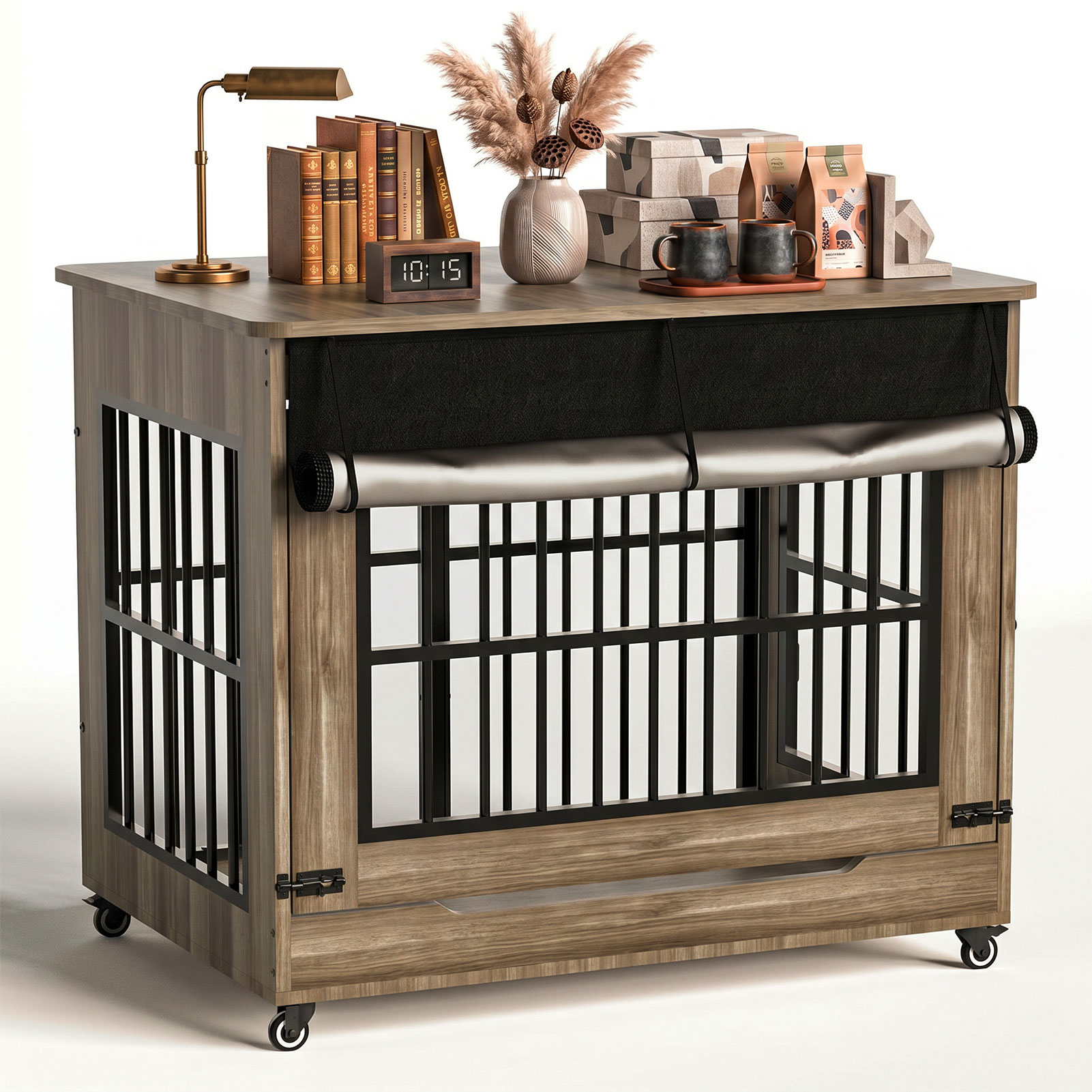 Large Dog Crate Furniture, Double Door Wooden Indoor Dog Kennel Furniture, Decorative Pet Cage End Table With Wheels For Large Breed Dogs, Size XL, Greige — image 12