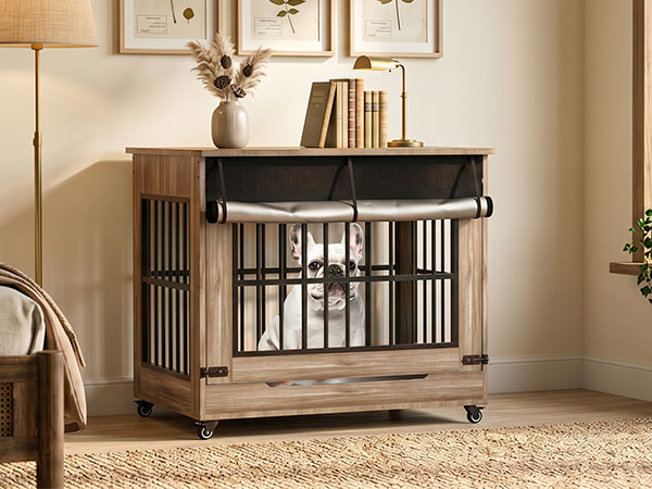 Dog Crate Furniture, Double Door Wooden Indoor Dog Kennel Furniture, Decorative Pet Cage End Table With Wheels For Large And Medium Breed Dogs, Size L, Greige — image 10