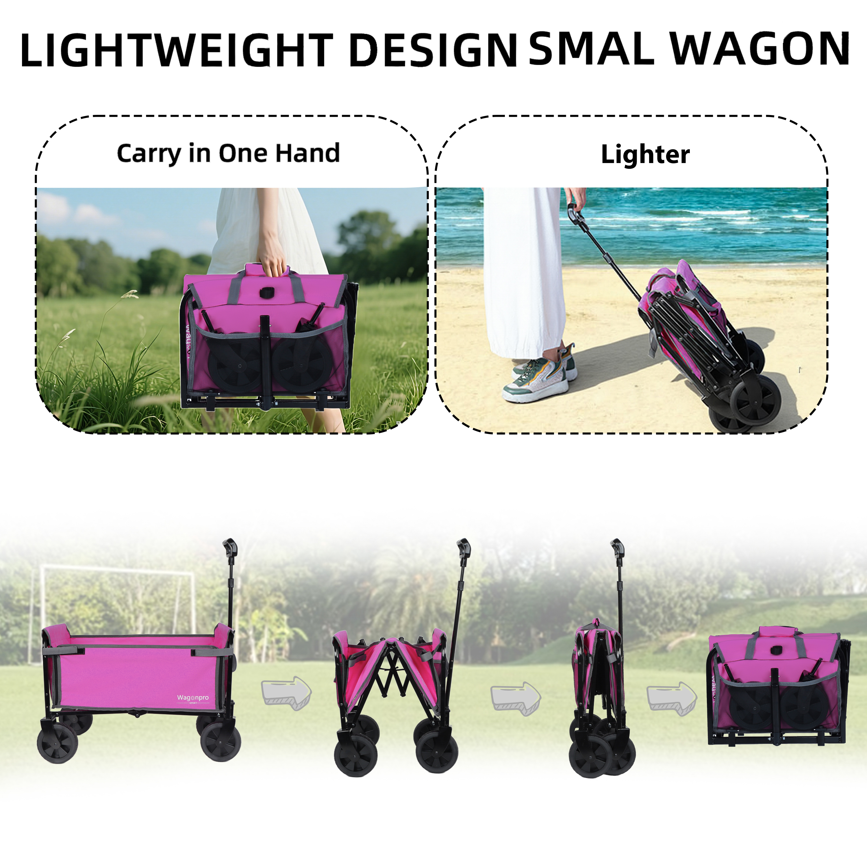 All- In- One Convertible Folding 4- Wheel Trolley With Bench Seat And Dog Leash - Heavy Duty Foldable Utility Trolley For Camping Beach Shopping - Versatile Seating And Storage Space Pink — image 4