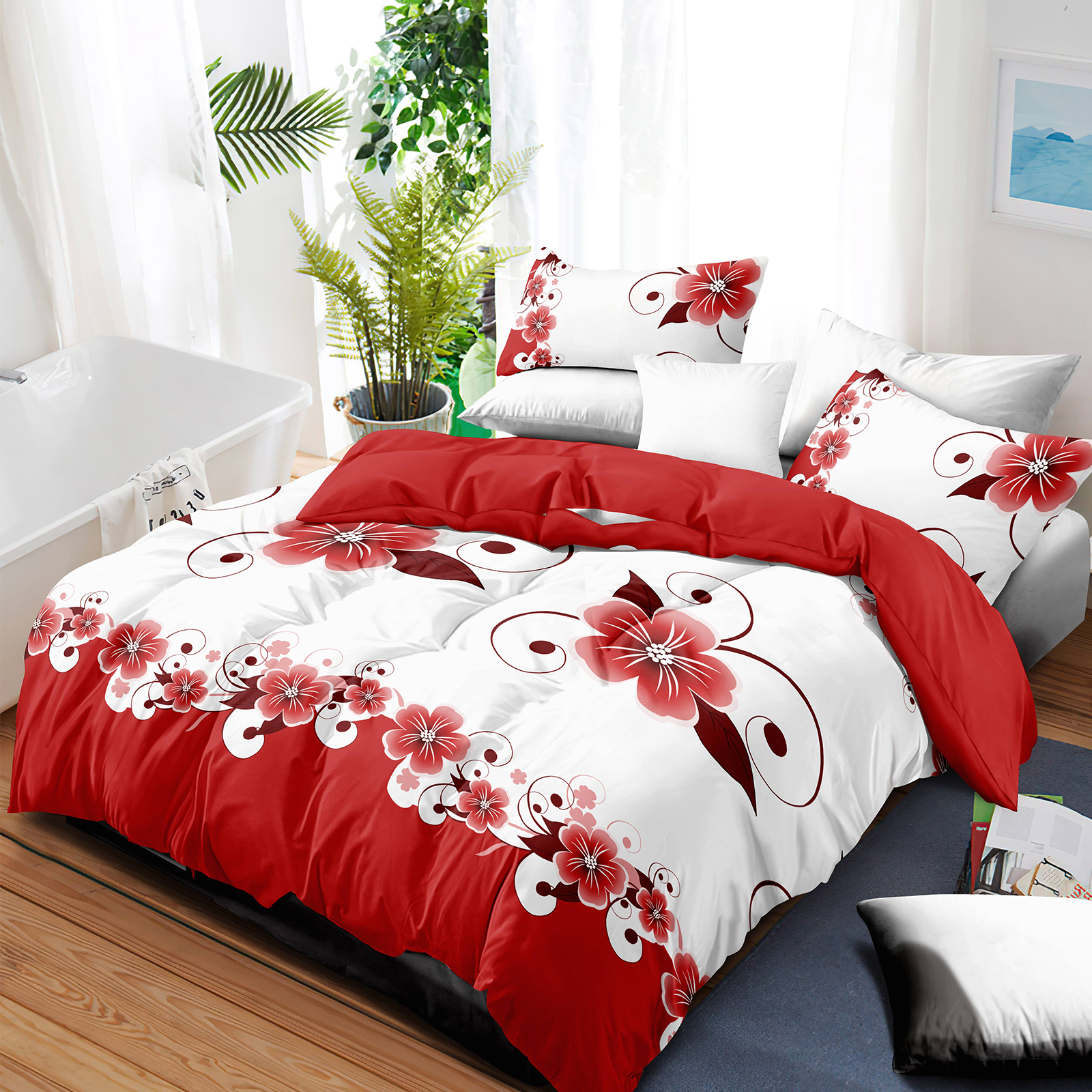 Set de Funda Nórdica de 5 Piezas, Ropa de Cama Floral Roja y Blanca, Funda para Edredón Botánica, Ropa de Cama Reversible de Alto GSM, Fundas de Almohada a Juego, Fundas de Cojín, Cierre de Cremallera Oculto, 4 Amarres en las Esquinas, Resistente a Mascot — imagen 2