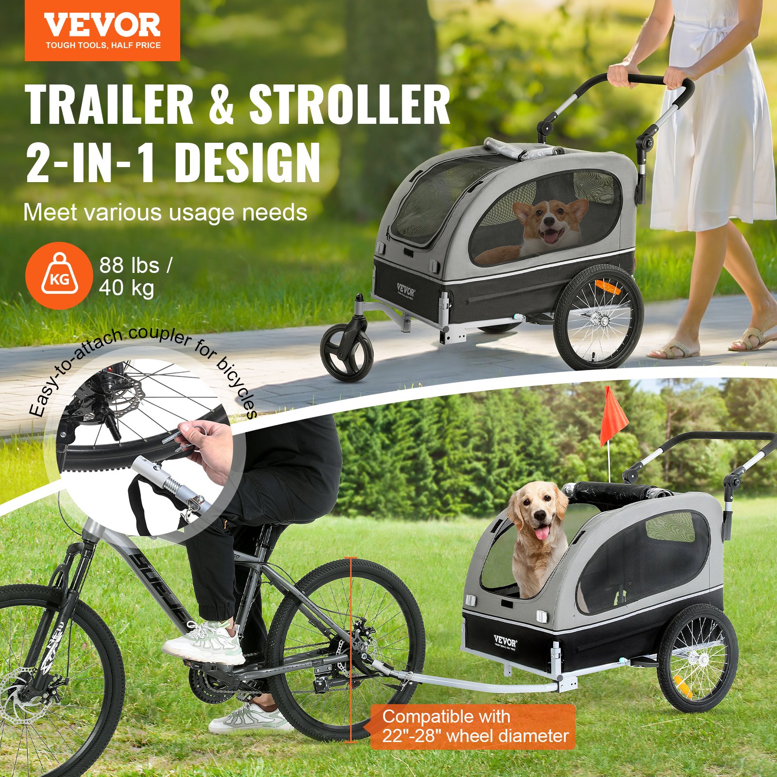 Dog Bike Trailer, Supports Up To 88 Lbs, 2-in-1 Pet Stroller Cart Bicycle Carrier, Easy Folding Cart Frame With Quick Release Wheels, Universal Bicycle Coupler, Reflectors, Flag, Black/Gray — image 5