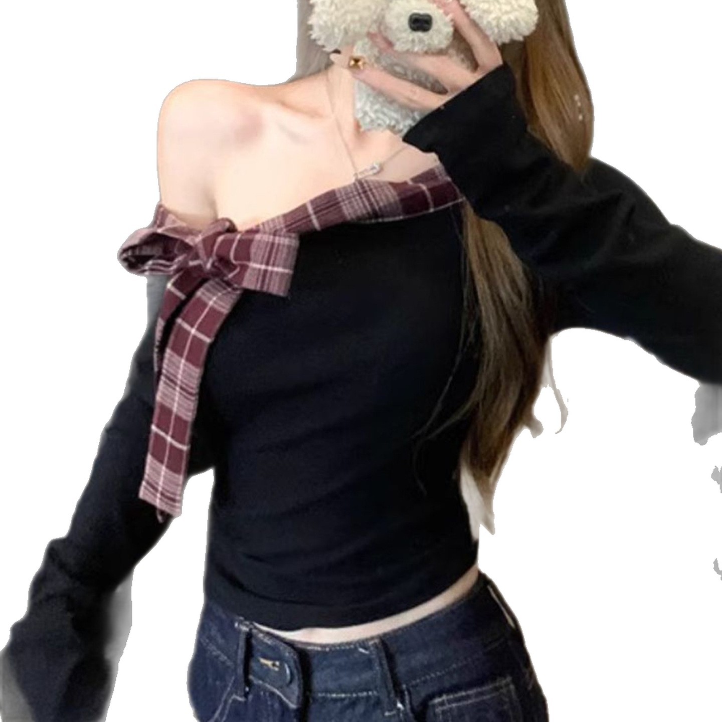 Sweet and Spicy Girl Plaid Patchwork Off-the-Shoulder T-Shirt for Women, Butterfly Knot Slim Fit Long Sleeve Top — image 6